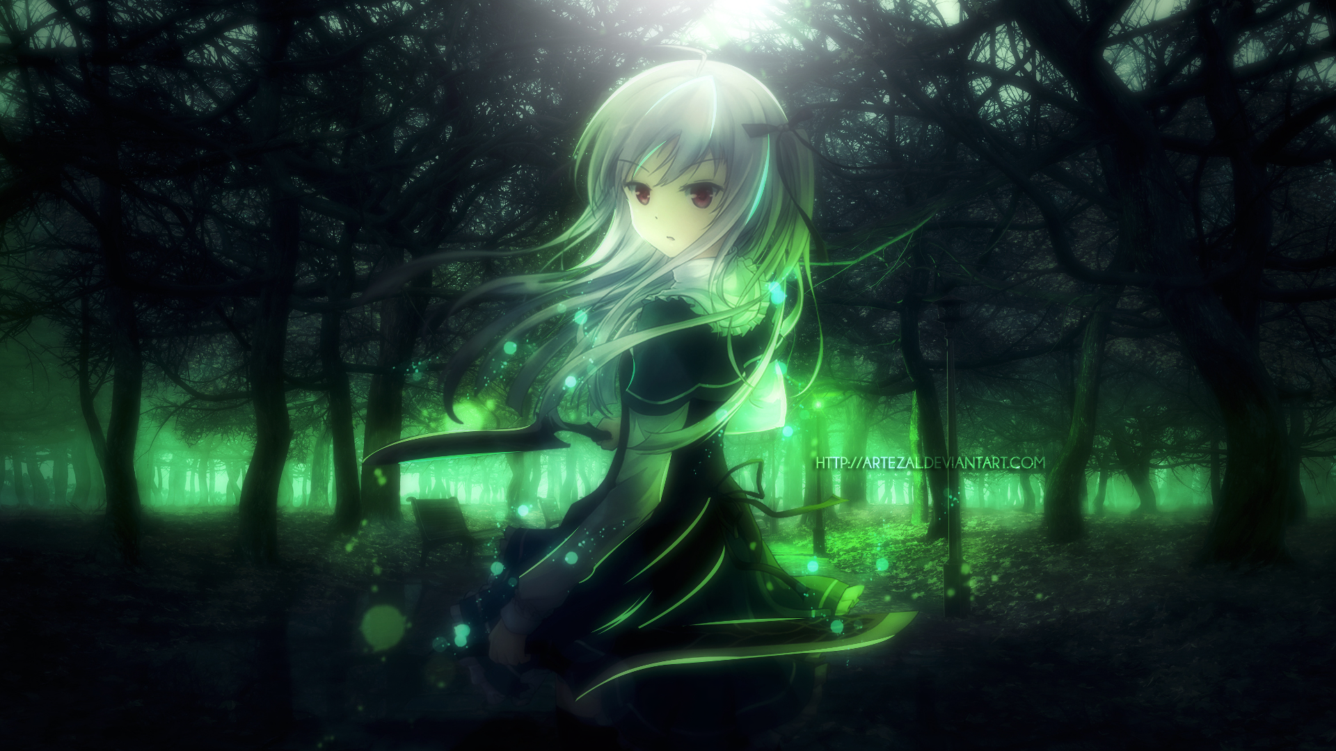 Julie Sigtuna in a dark forest HD Wallpaper