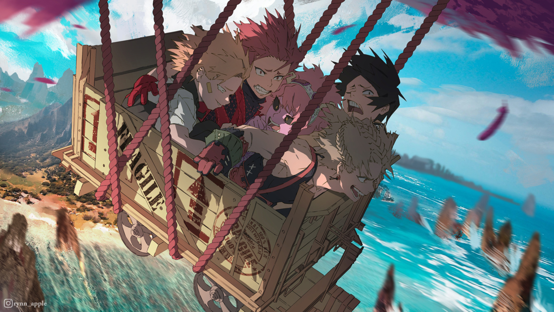 Anime characters in a wooden cart flying over the ocean HD Wallpaper