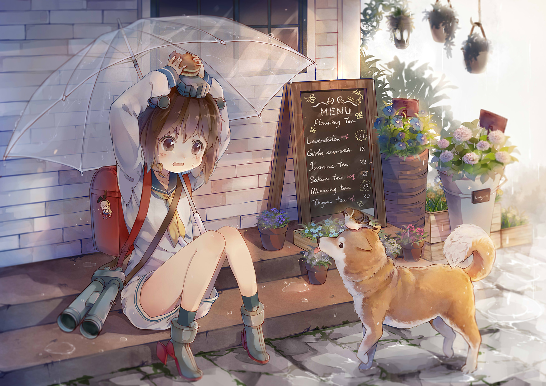 Girl with umbrella and dog at cafe HD Wallpaper