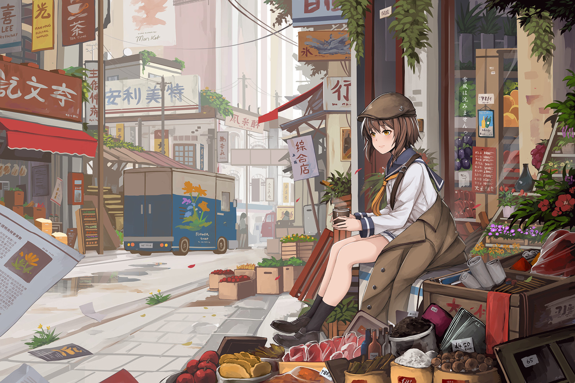 Yukikaze from Kancolle in a street market HD Wallpaper