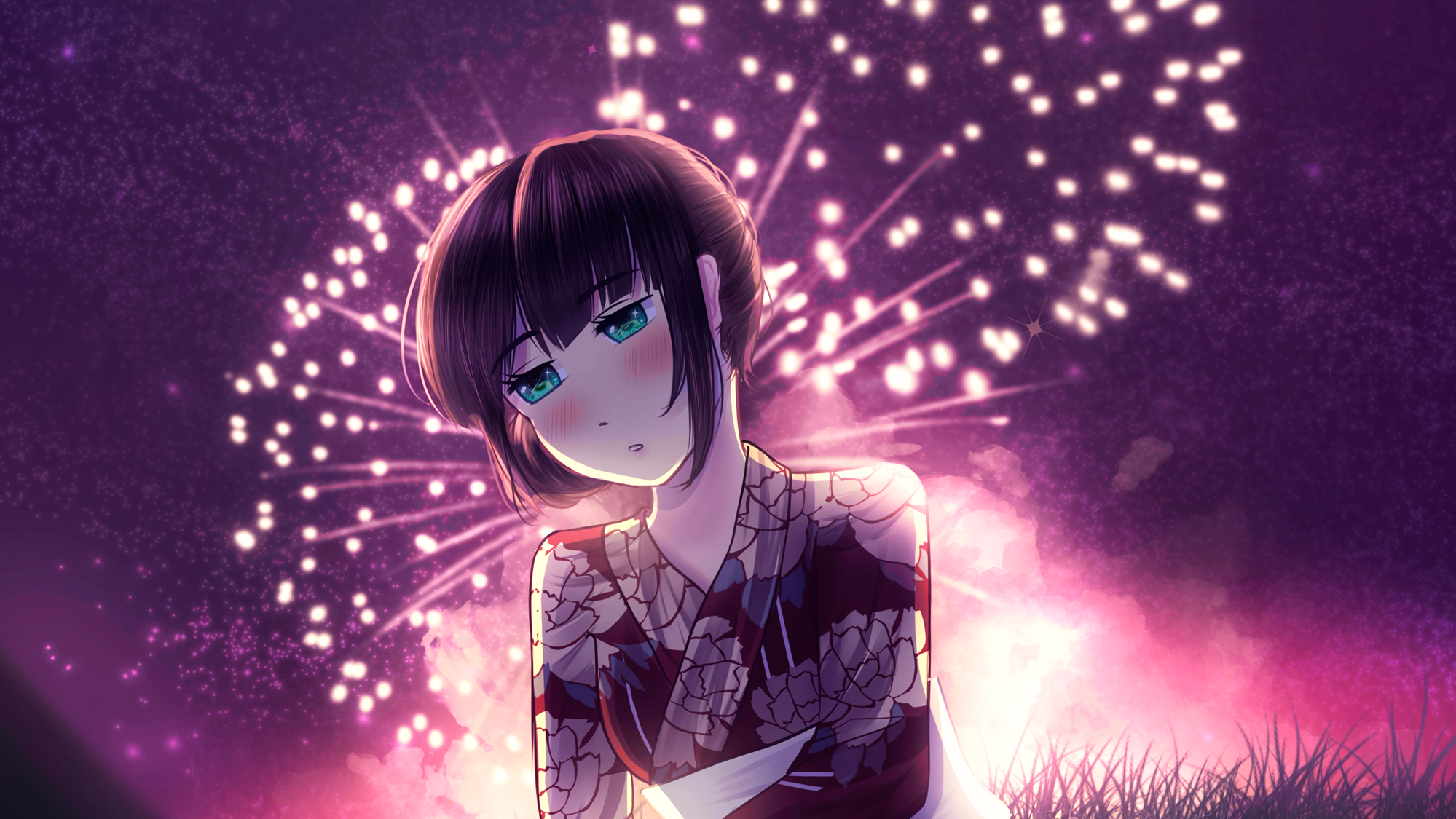 Chizuru Hishiro in Yukata with Fireworks HD Wallpaper