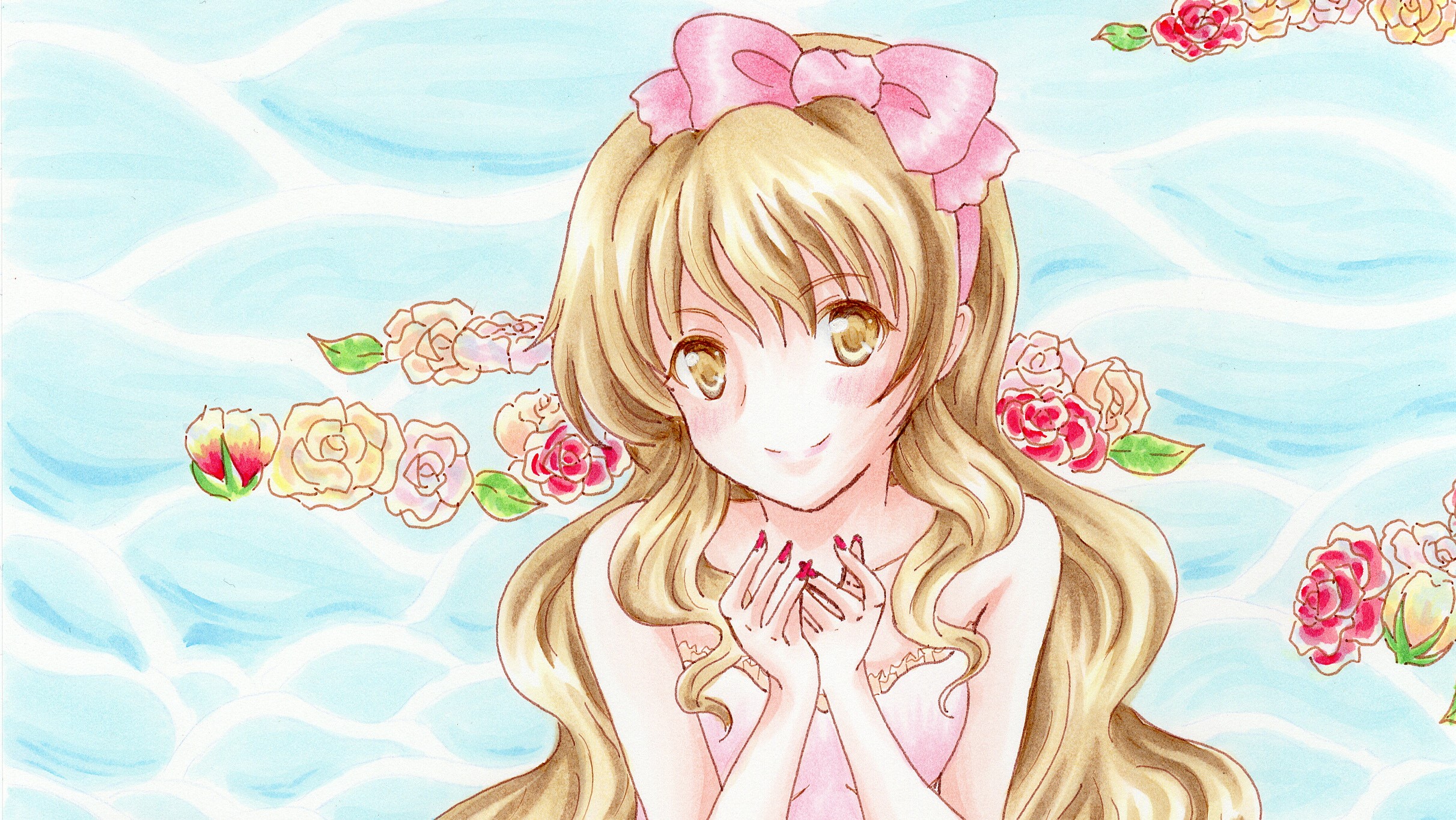 Kaga Kouko with pink bow and roses HD Wallpaper