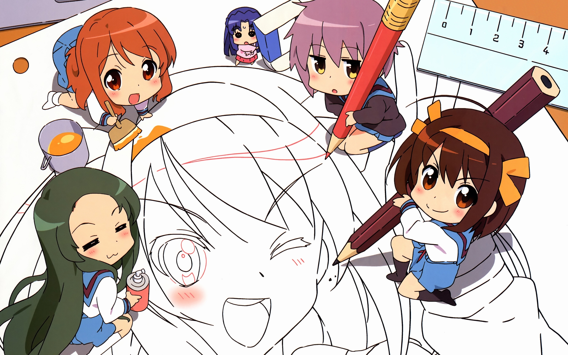 Chibi characters drawing a large anime character HD Wallpaper