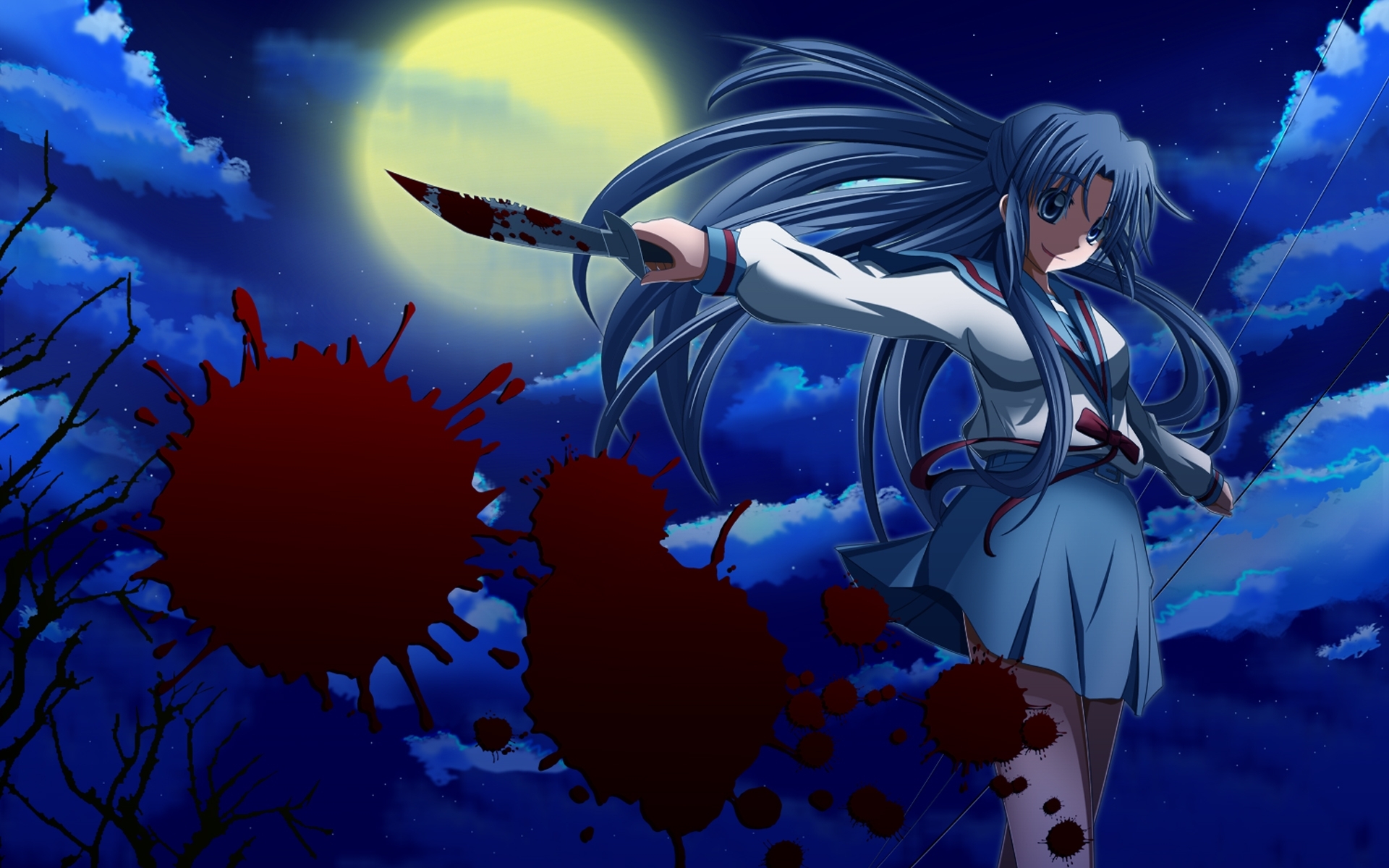 Ryōko Asakura with bloody knife under the moon HD Wallpaper