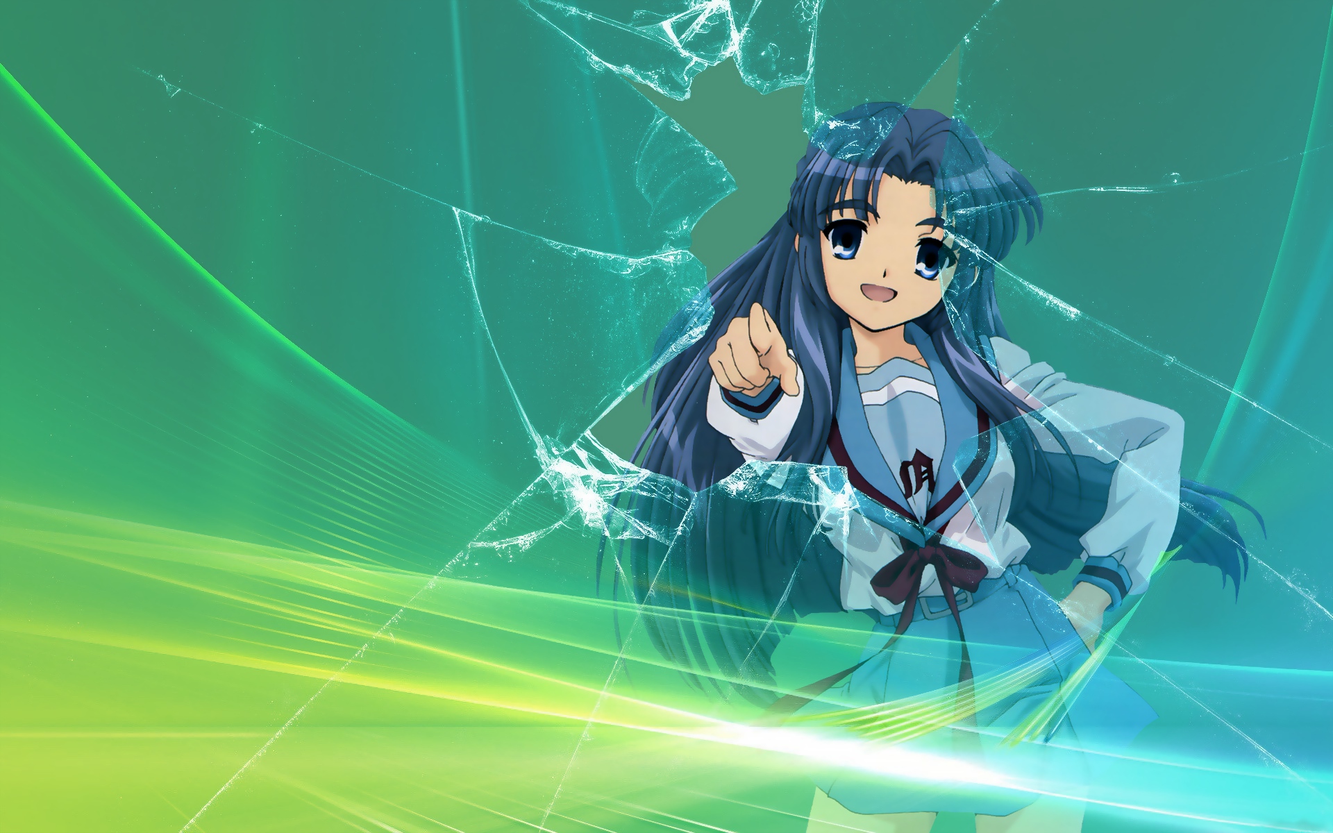 Ryōko Asakura pointing forward with cracked screen effect HD Wallpaper