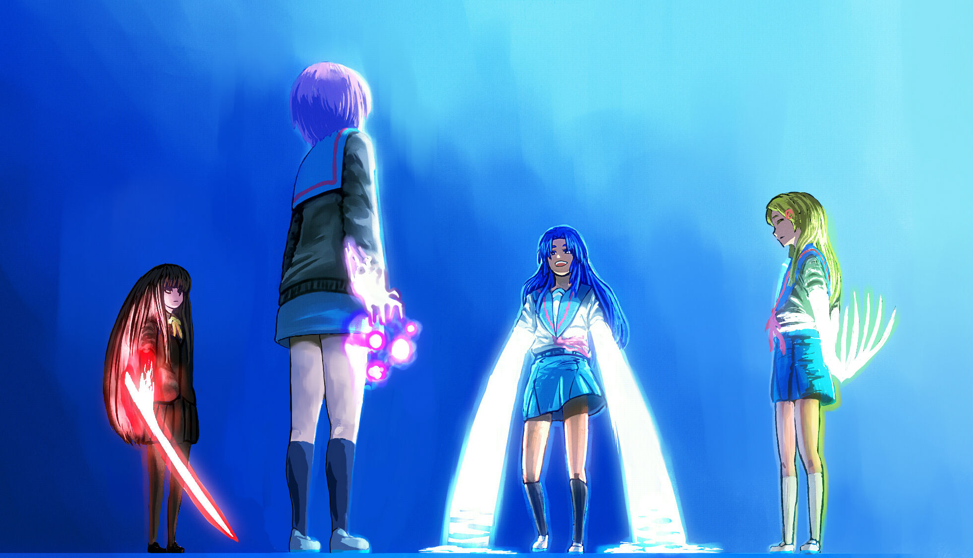 Ryōko Asakura and friends in a blue void HD Wallpaper