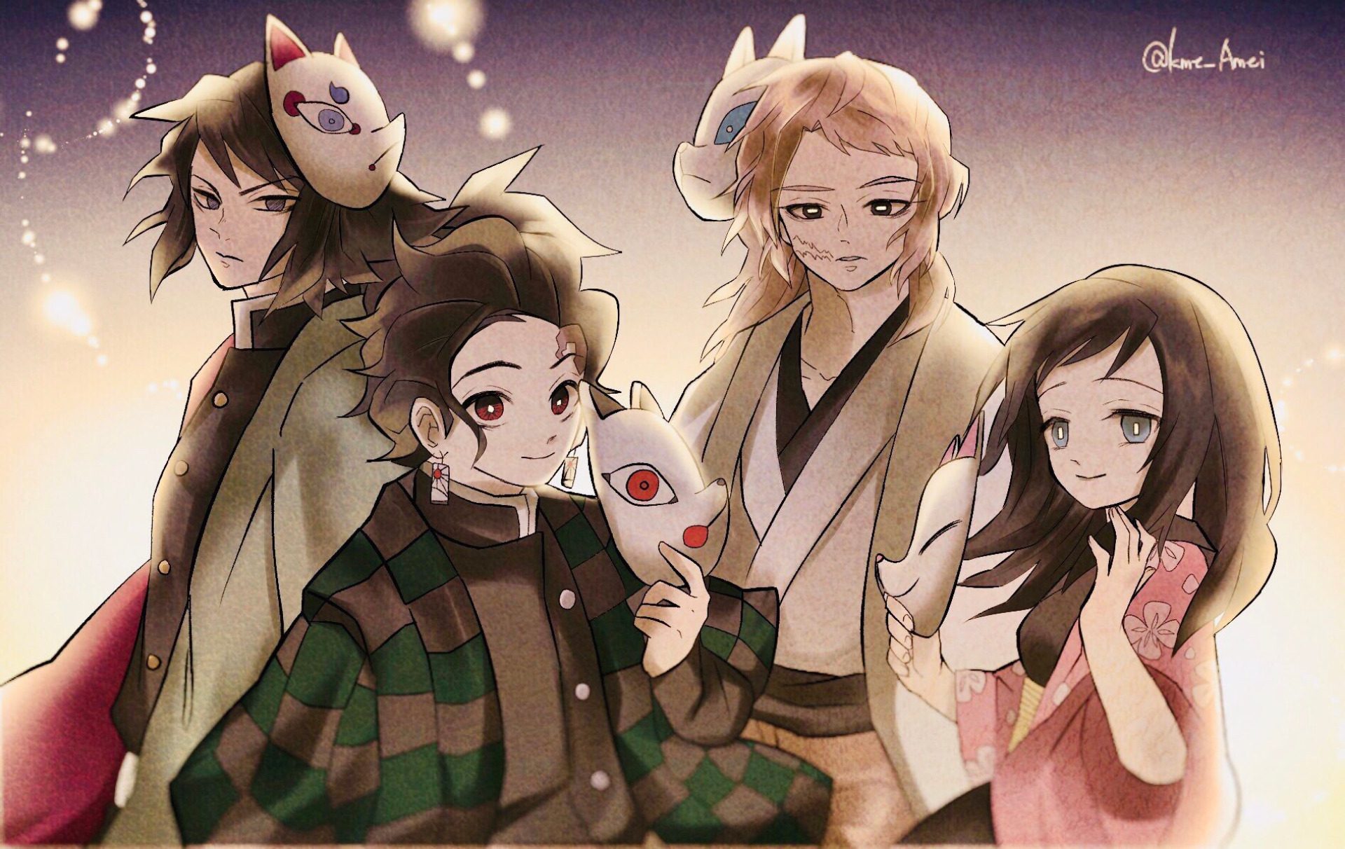 Characters from Demon Slayer wearing masks HD Wallpaper