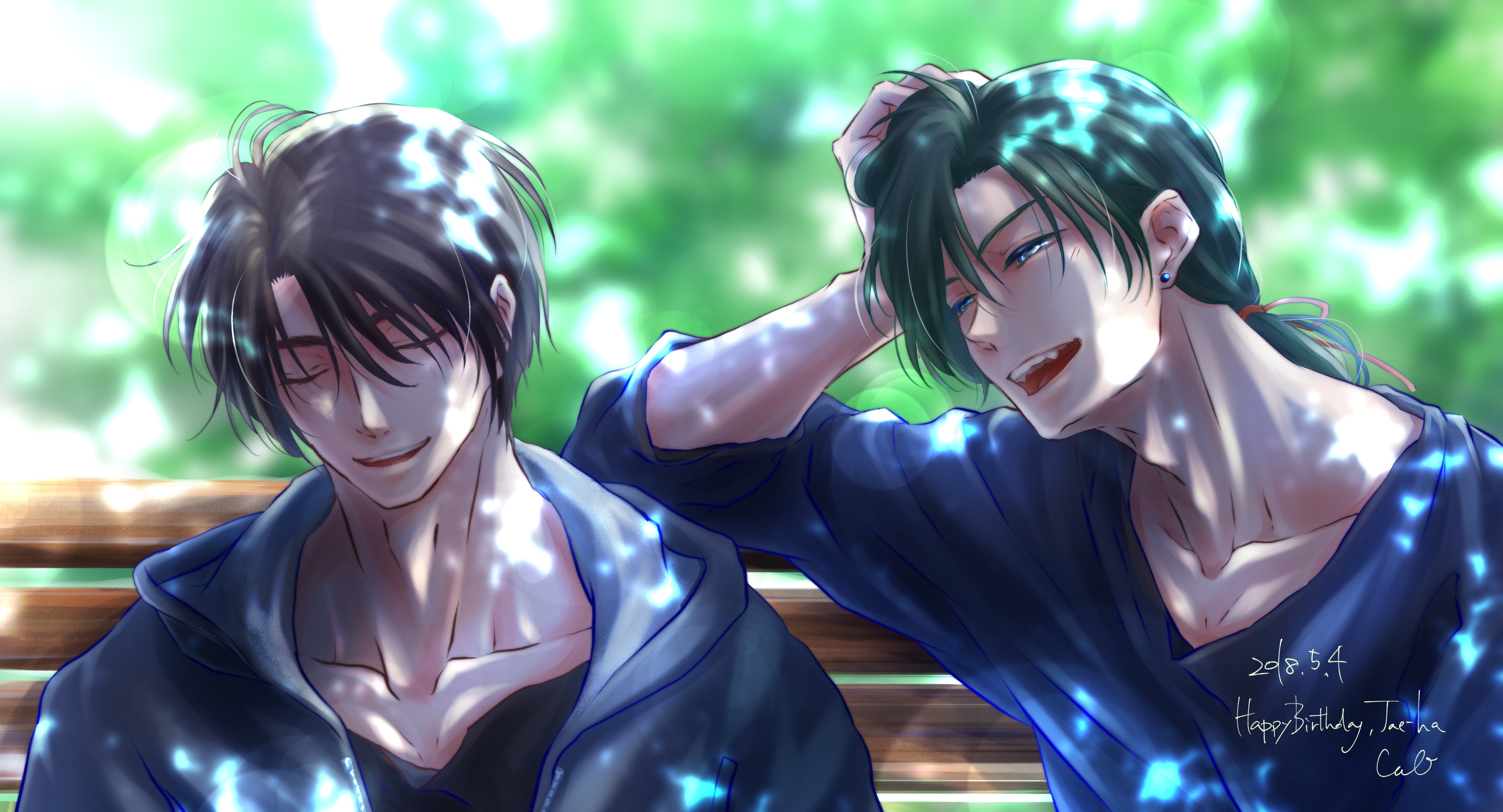 Two men sitting on a bench outdoors HD Wallpaper