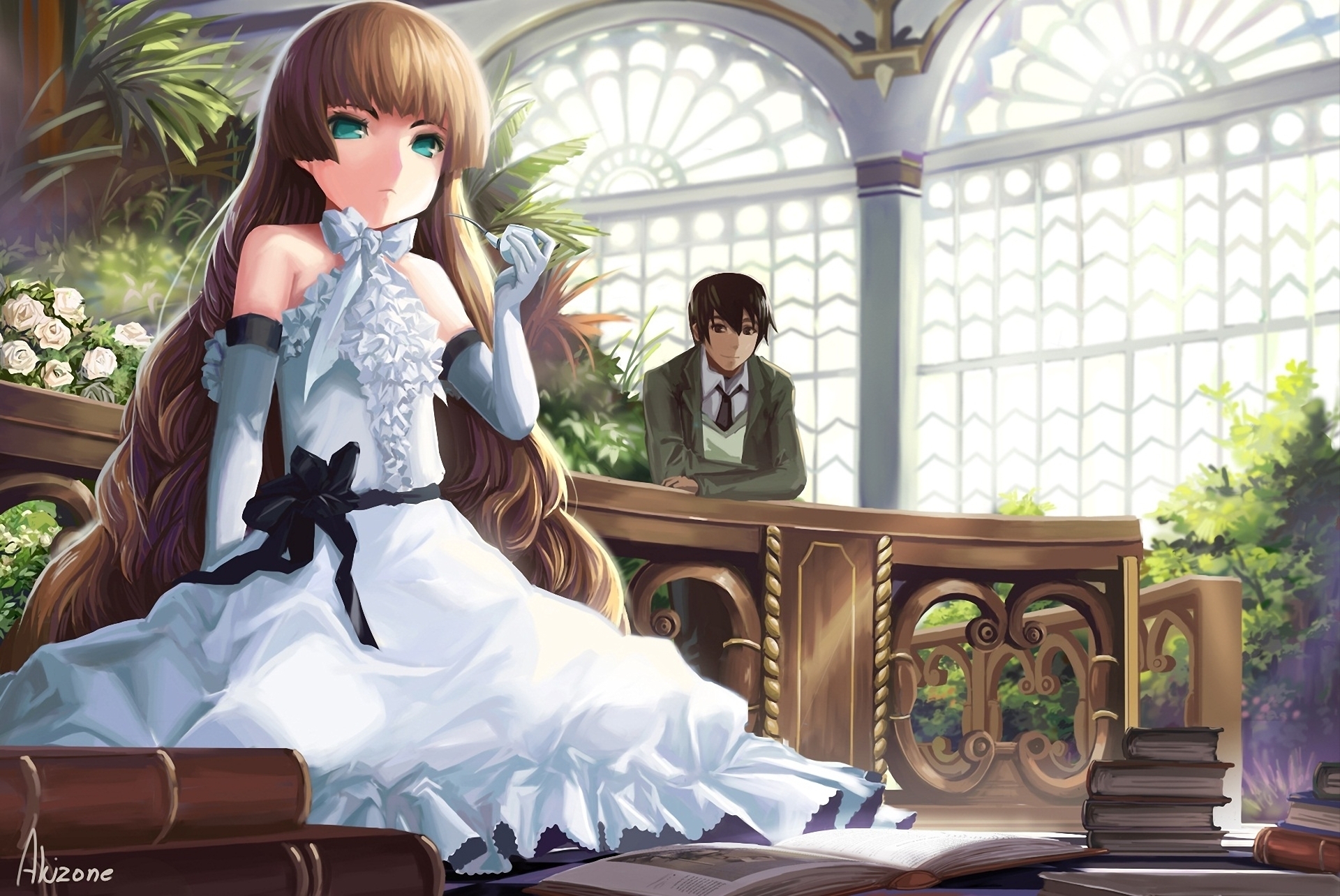 Victorique de Blois in a white dress with a man in the background HD Wallpaper