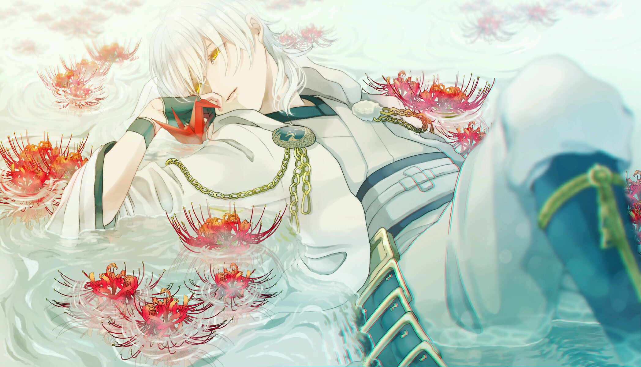 Tsurumaru Kuninaga in water with red spider lilies HD Wallpaper