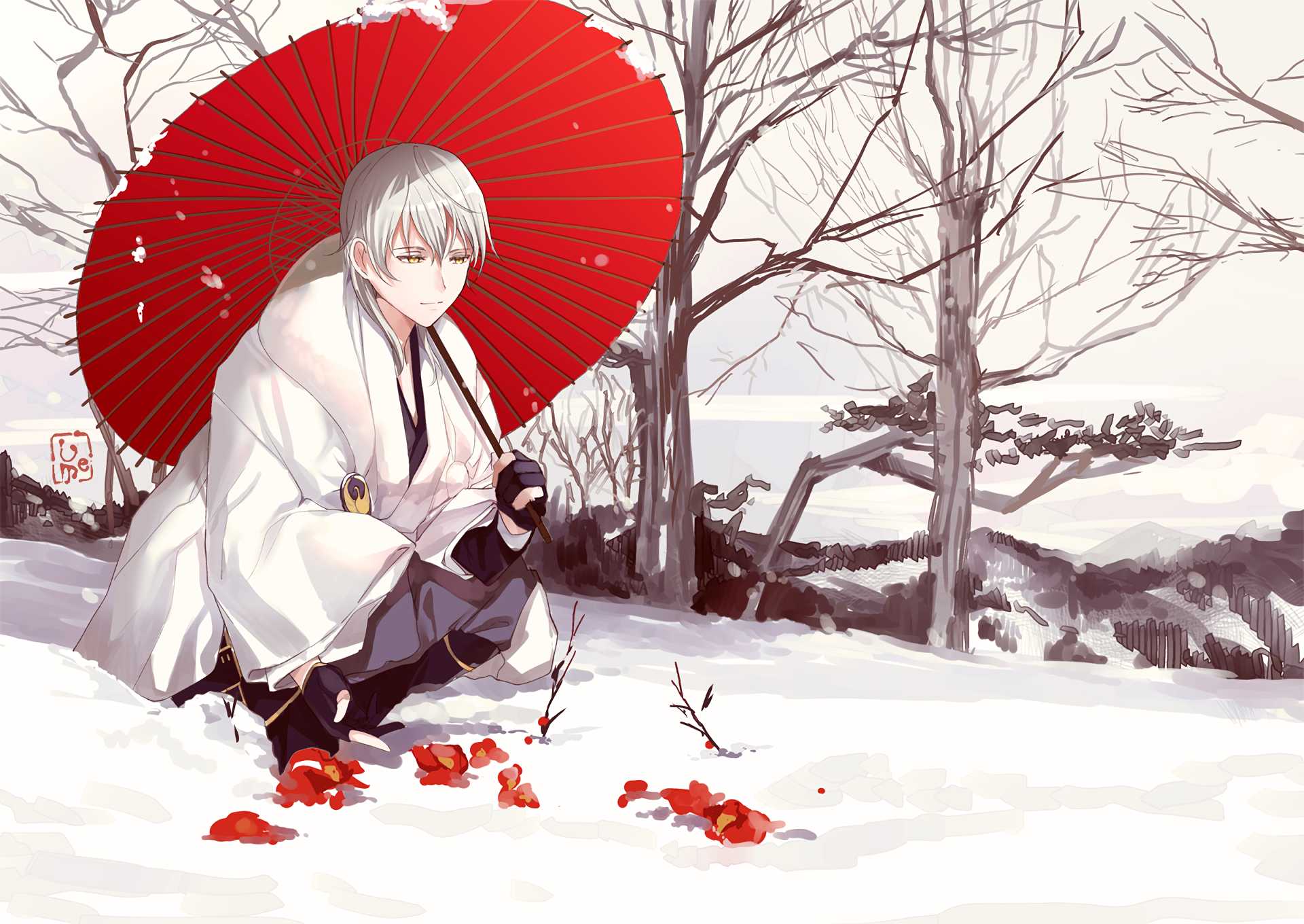 Tsurumaru Kuninaga in a Snowy Landscape HD Wallpaper