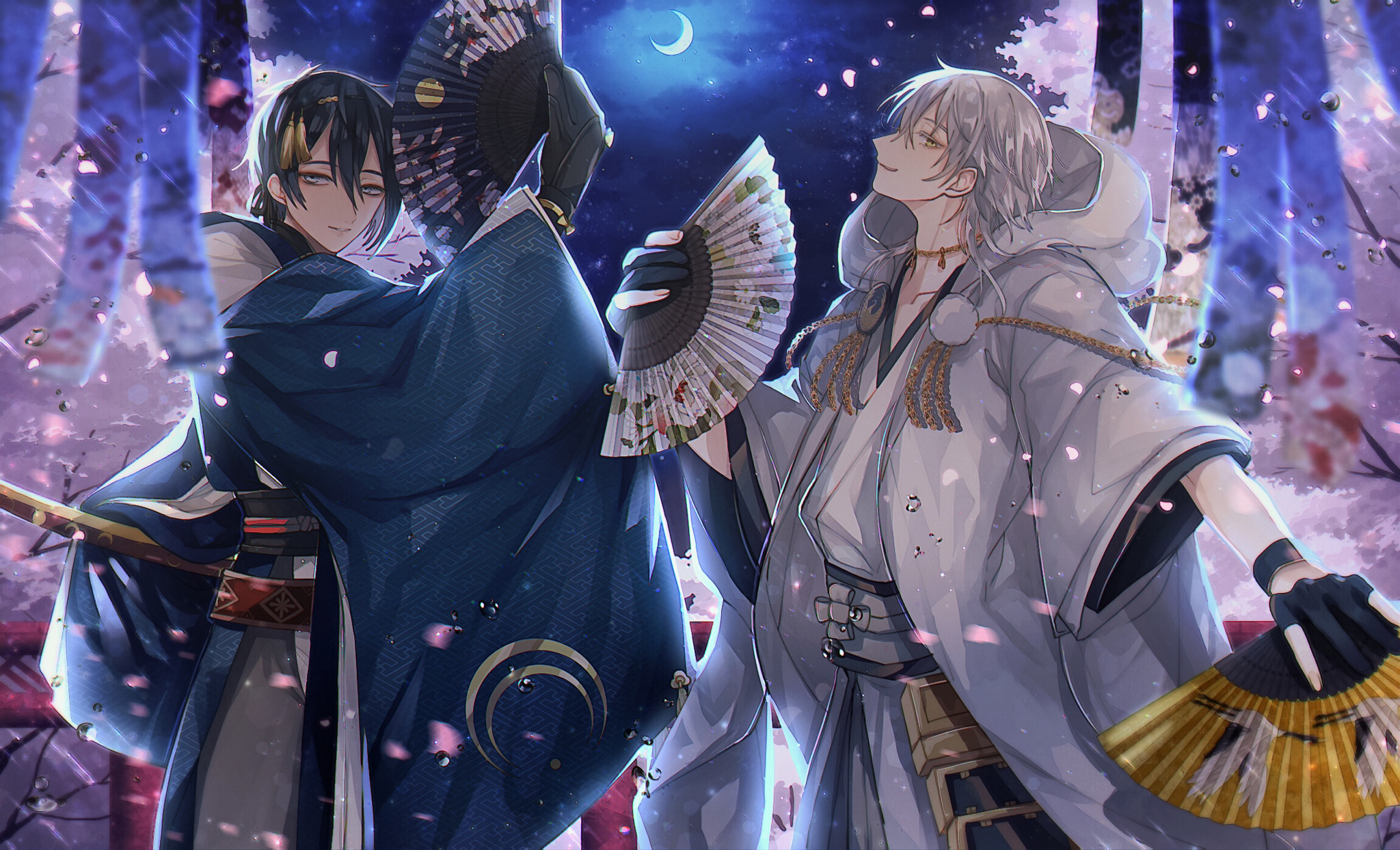 Two men in kimonos holding fans under a crescent moon HD Wallpaper