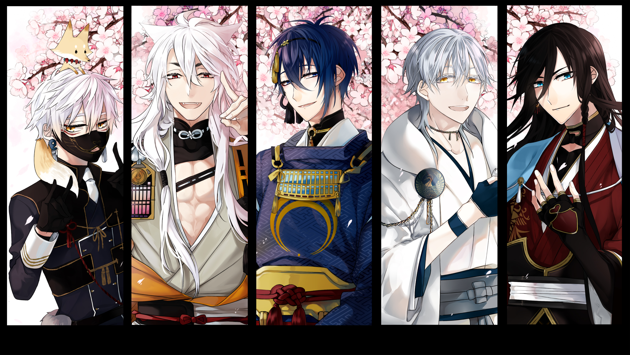Five anime men with cherry blossoms HD Wallpaper