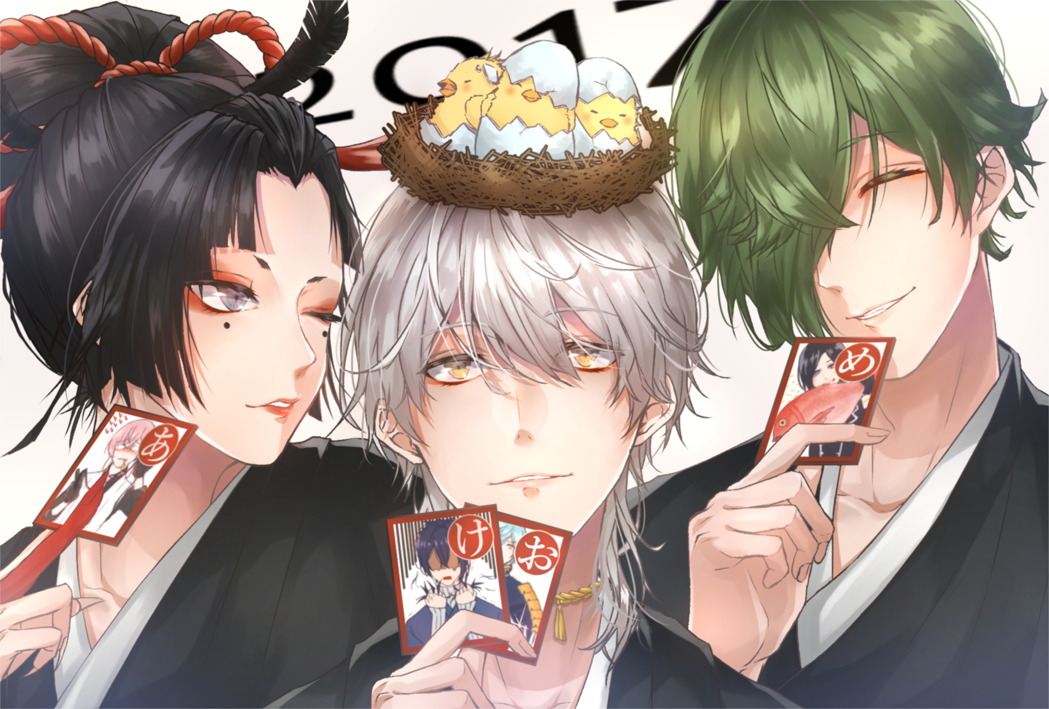Three men with cards and chicks in a nest HD Wallpaper