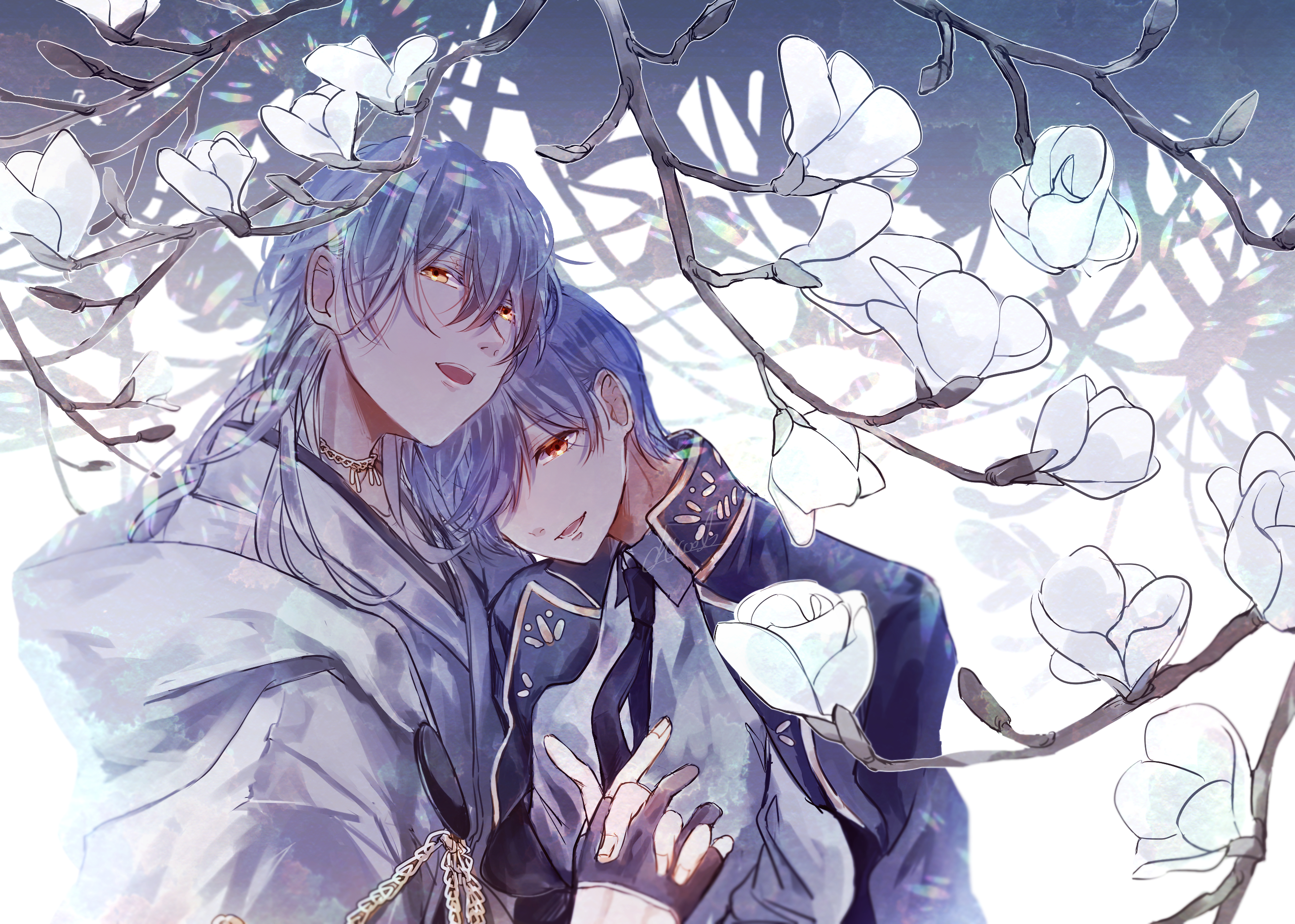 Two men embracing under blooming branches HD Wallpaper