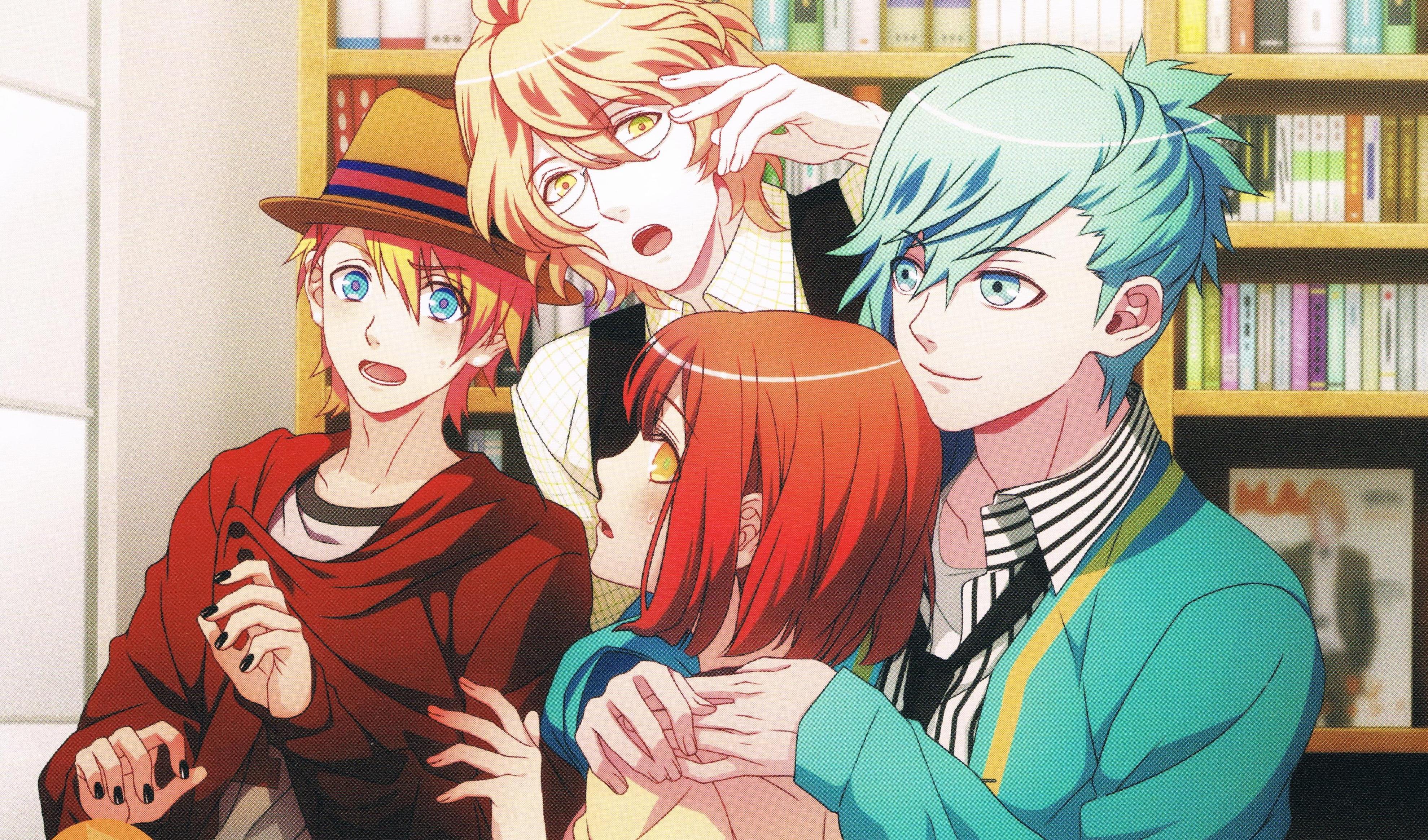 Four anime characters in a room with bookshelves HD Wallpaper