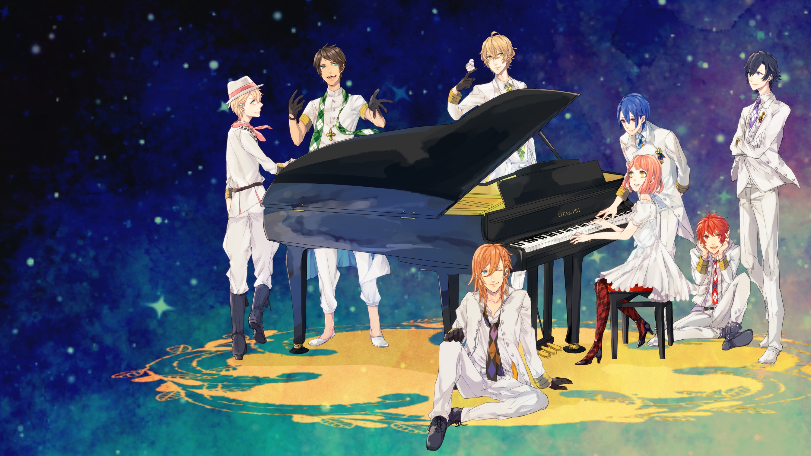 Group of musicians with a piano on a starry background HD Wallpaper