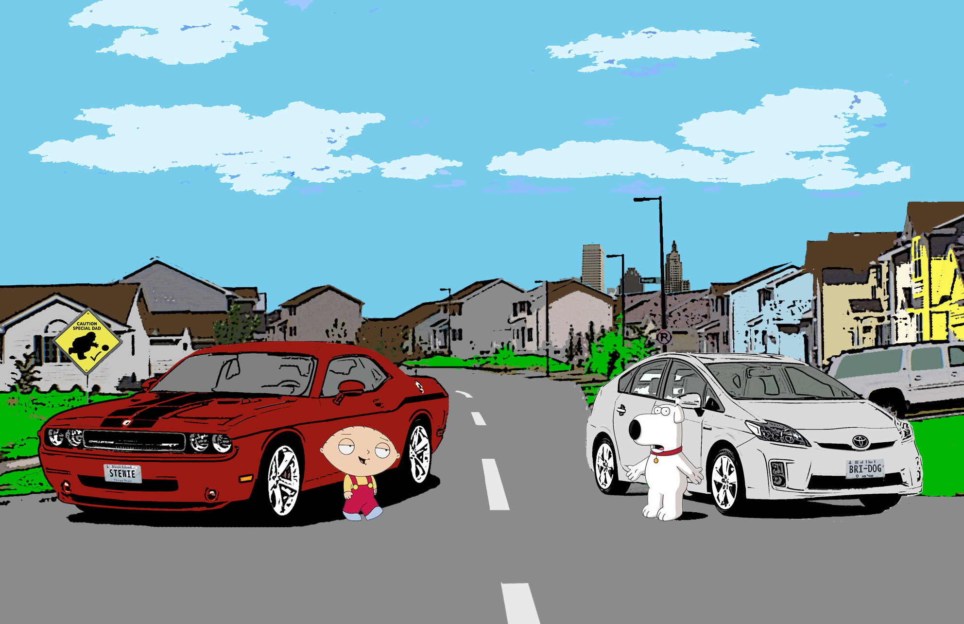 Stewie Griffin and Brian Griffin in a suburban street HD Wallpaper