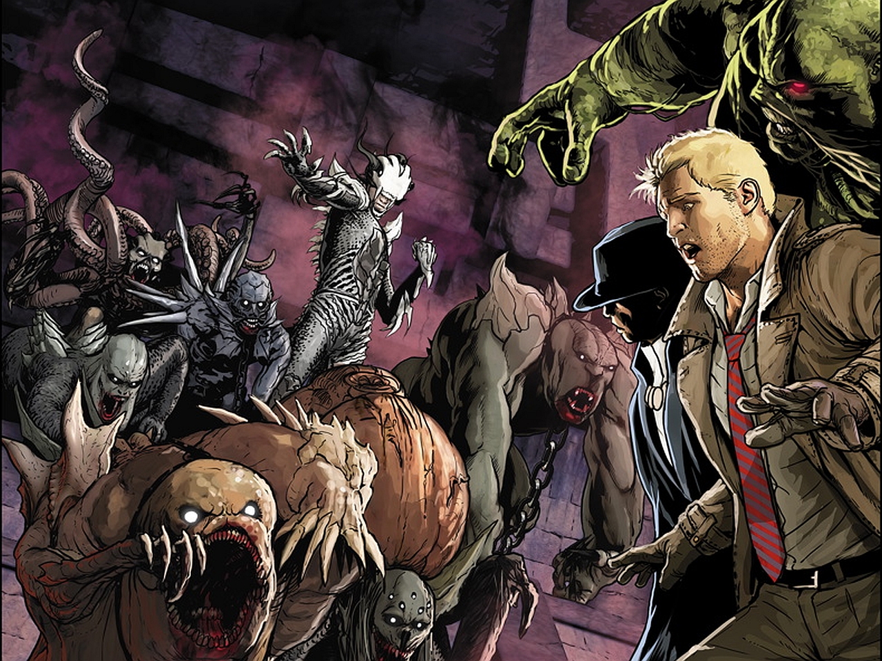 John Constantine and Swamp Thing fighting monsters HD Wallpaper