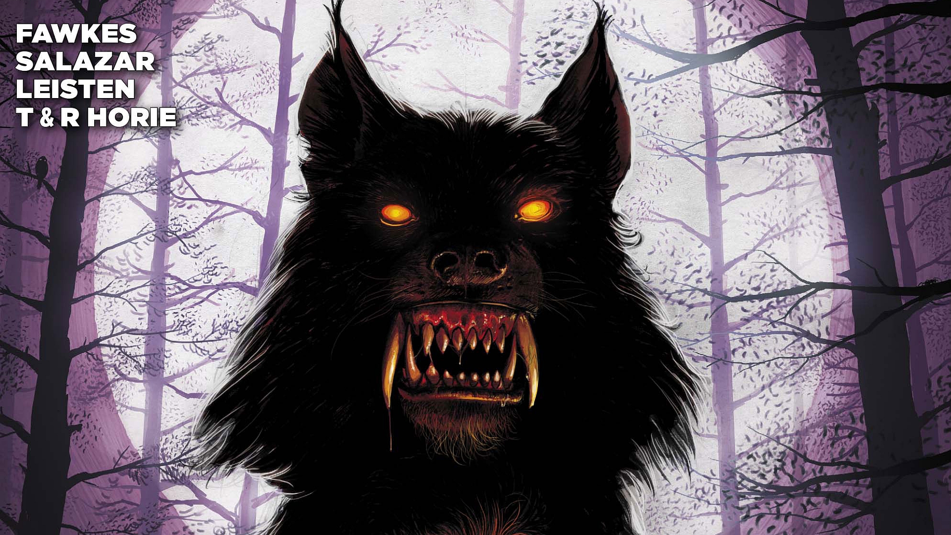 Werewolf in a forest with names Fawkes, Salazar, Leisten, T & R Horie HD Wallpaper