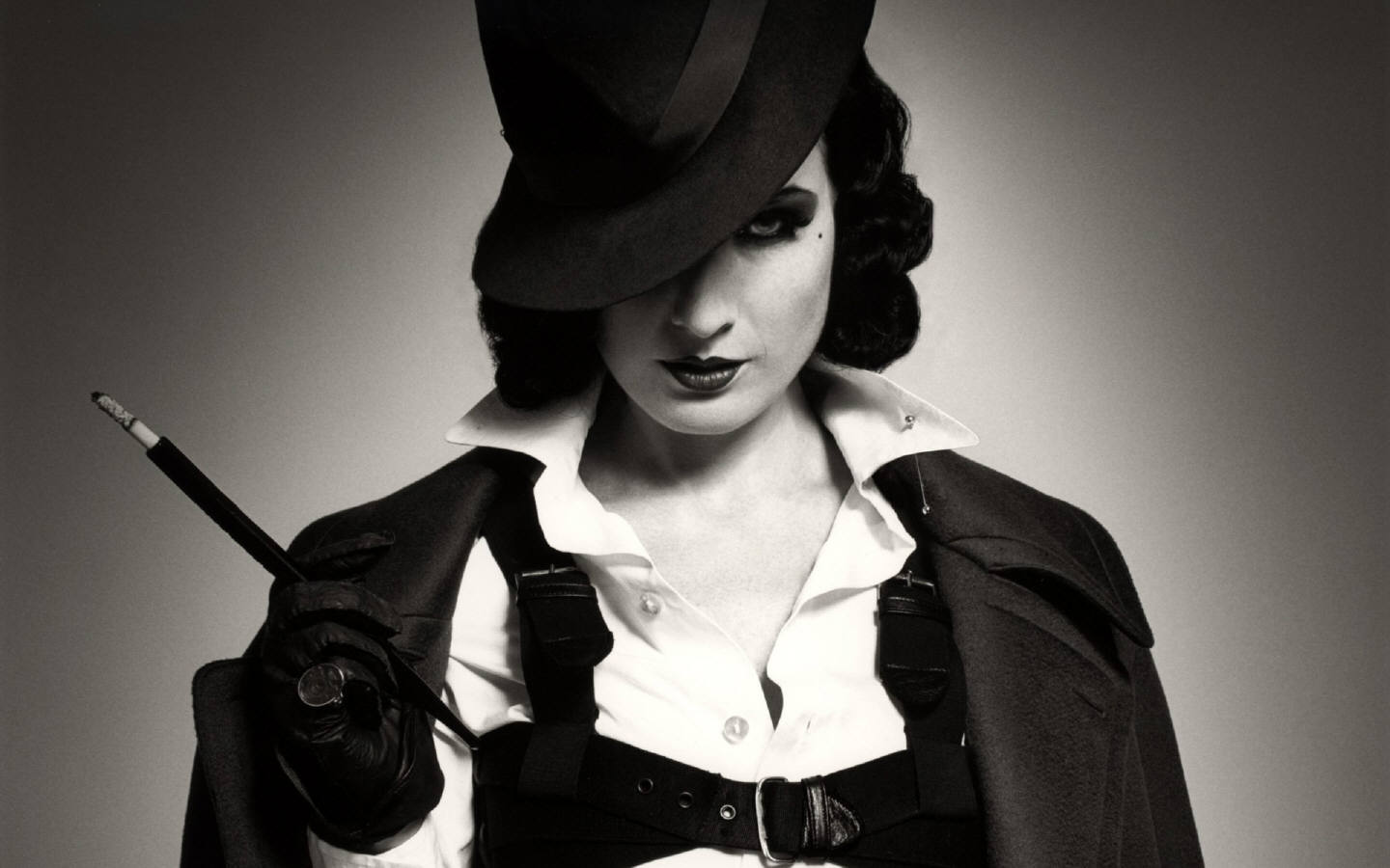 Dita Von Teese in a hat holding a cigarette holder HD Wallpaper