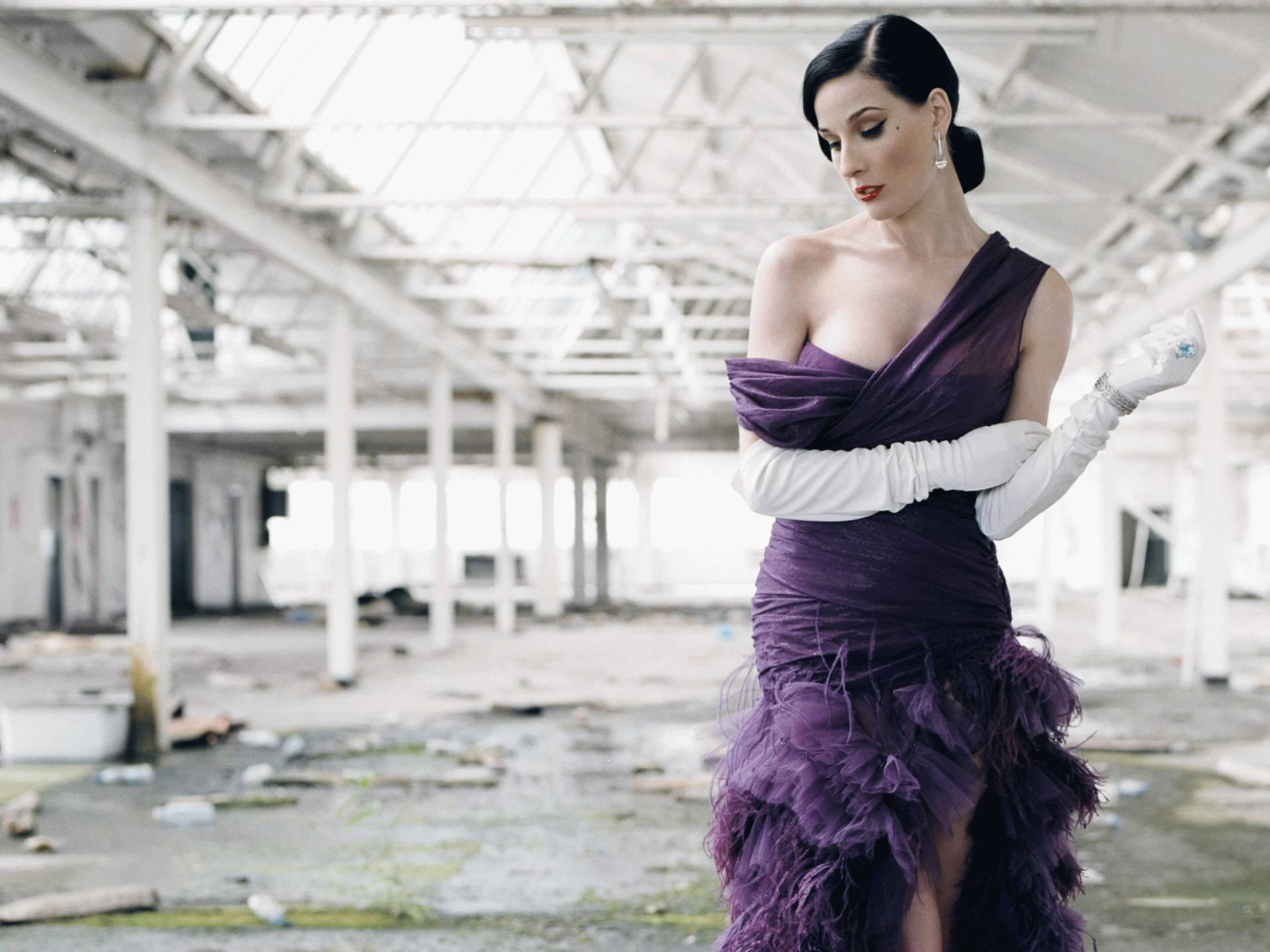 Dita Von Teese in a purple dress in an abandoned building HD Wallpaper
