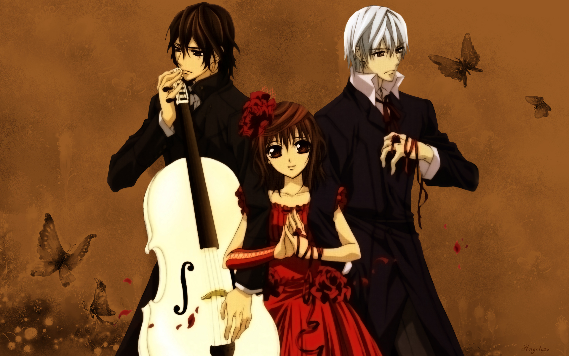 Zero Kiryu, Kaname Kuran, and Yuki Cross with a cello HD Wallpaper