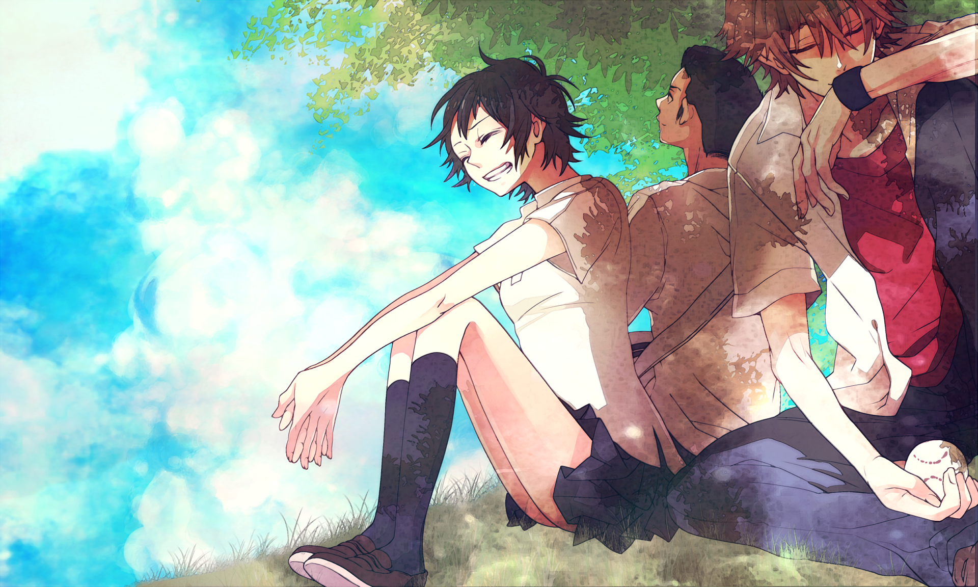 Makoto Konno and friends sitting under a tree HD Wallpaper