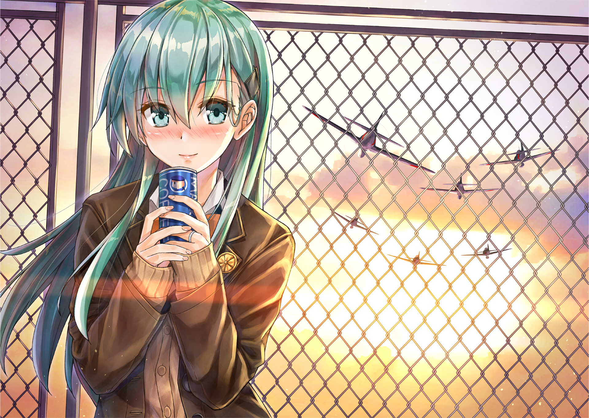 Suzuya from Kancolle holding a drink with planes in the background HD Wallpaper