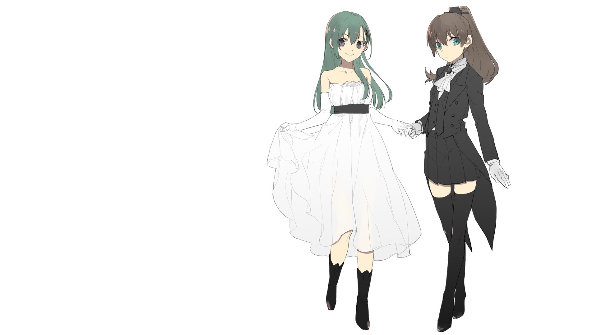 Two anime girls, one in a white dress, one in a tuxedo HD Wallpaper