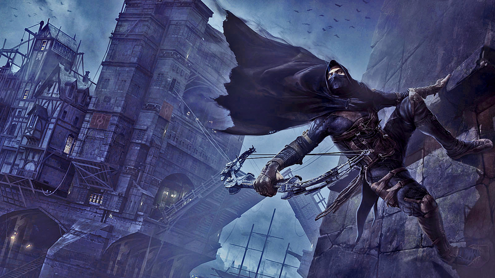Garrett from Thief climbing a building HD Wallpaper