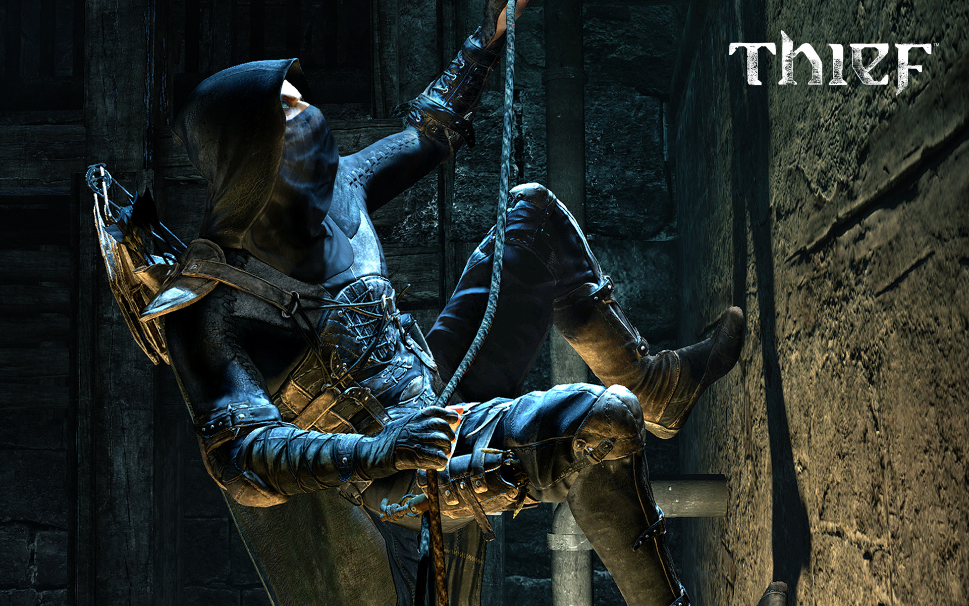 Garrett from Thief climbing a rope HD Wallpaper