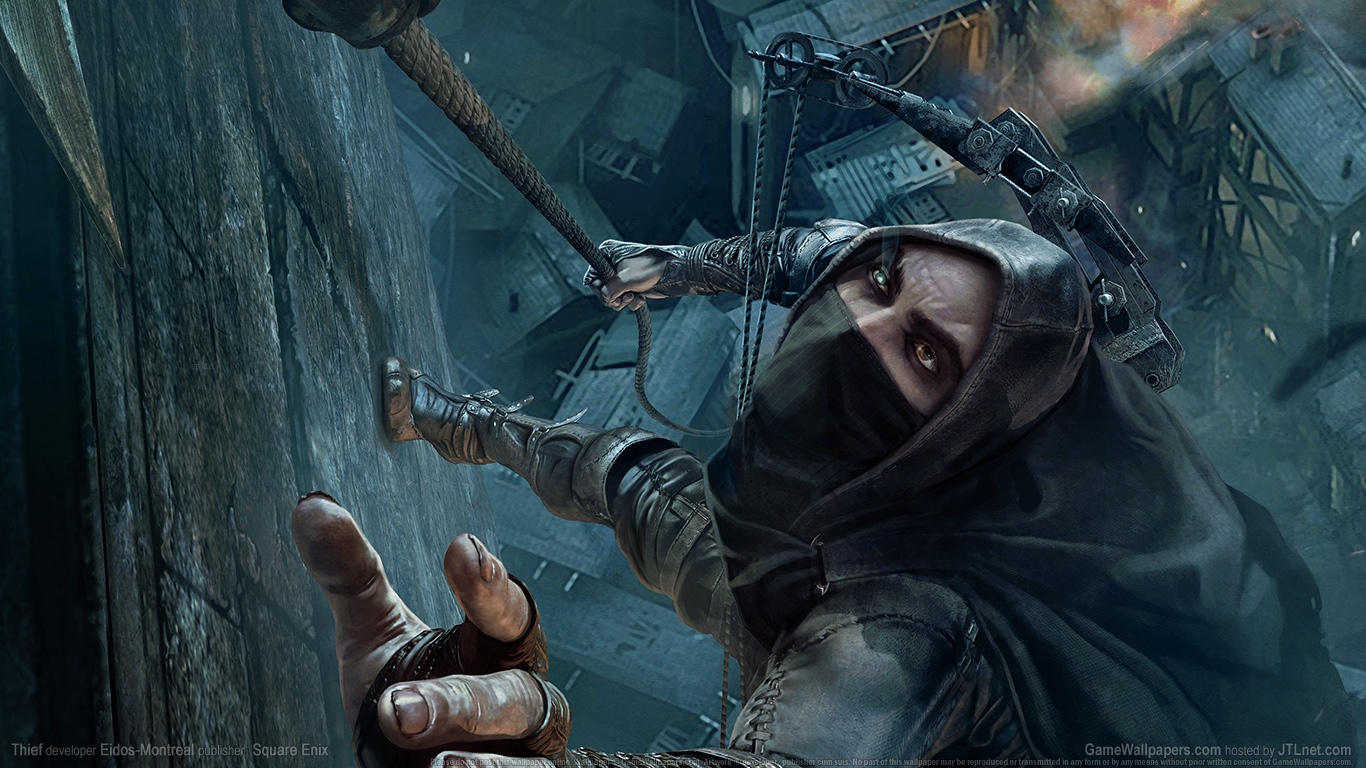 Garrett from Thief climbing a wall HD Wallpaper