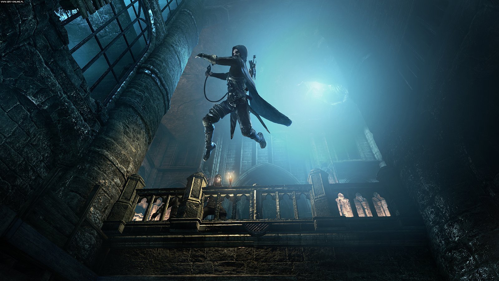 Garrett from Thief leaping in a dark castle HD Wallpaper