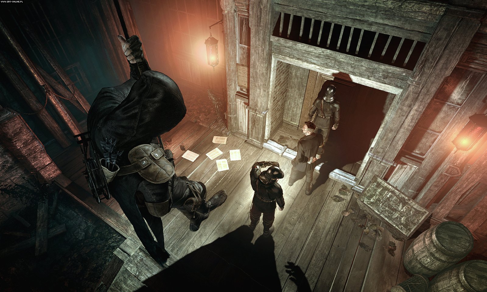 Garrett from Thief rappelling down to confront guards HD Wallpaper