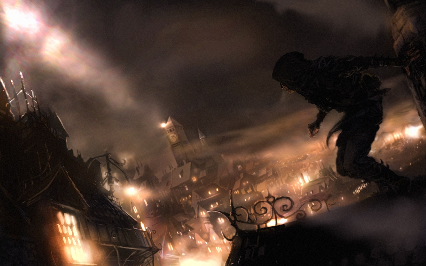 Garrett from Thief jumping across rooftops HD Wallpaper