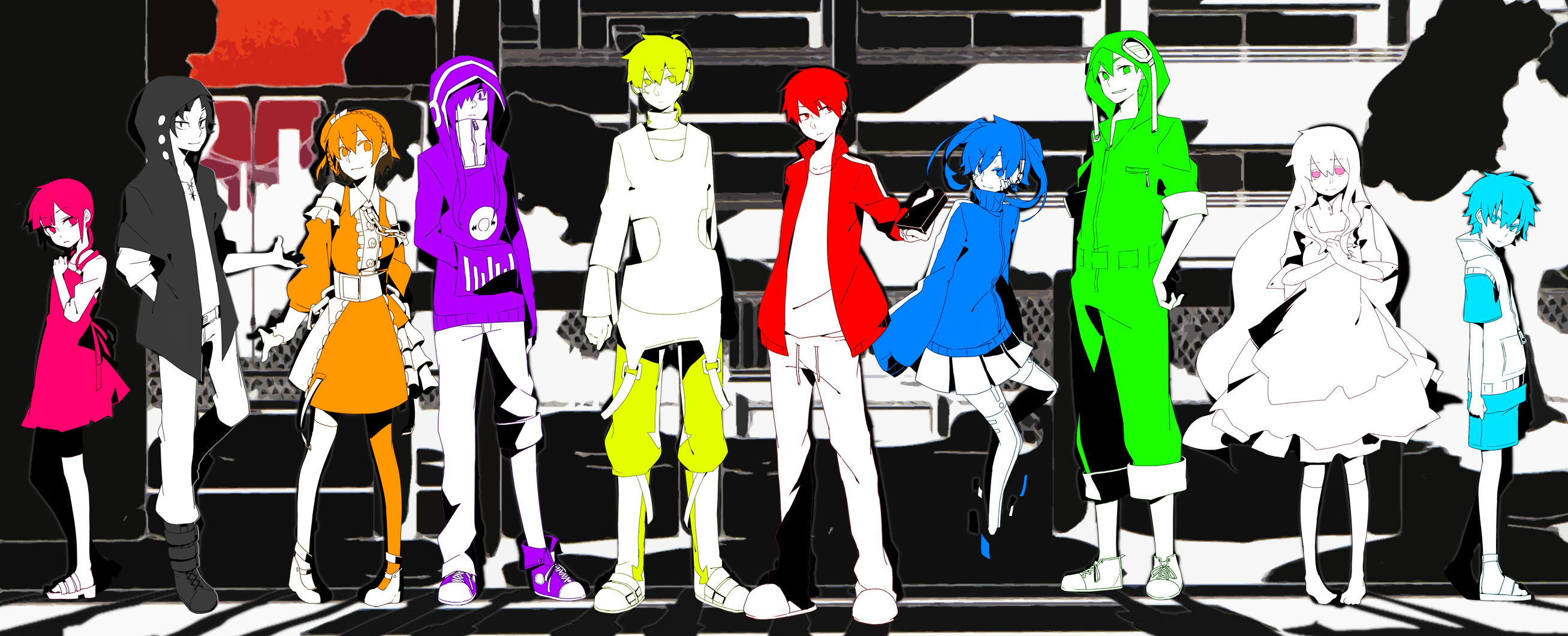 Group of anime characters in colorful outfits HD Wallpaper