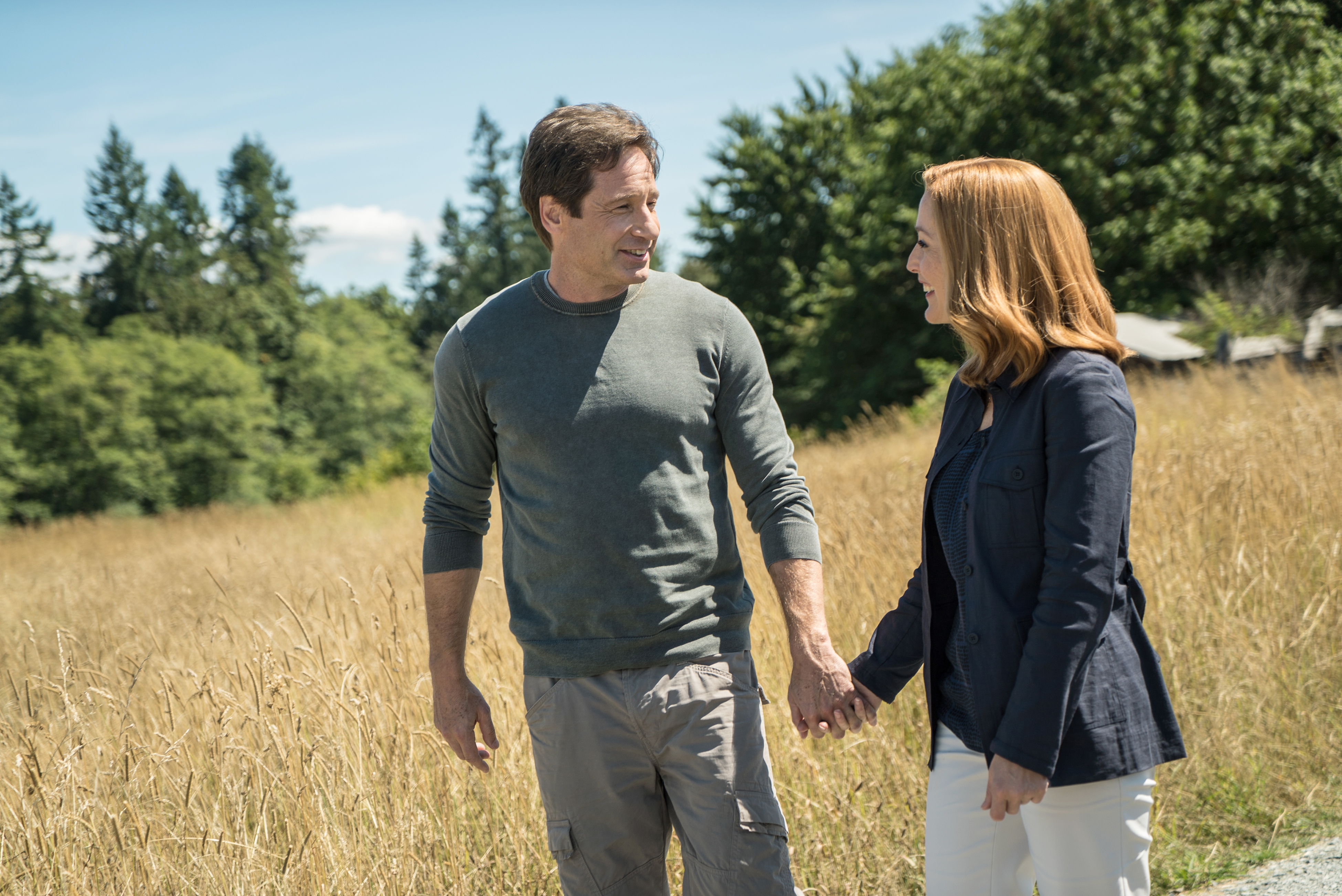Fox Mulder and Dana Scully walking in a field HD Wallpaper