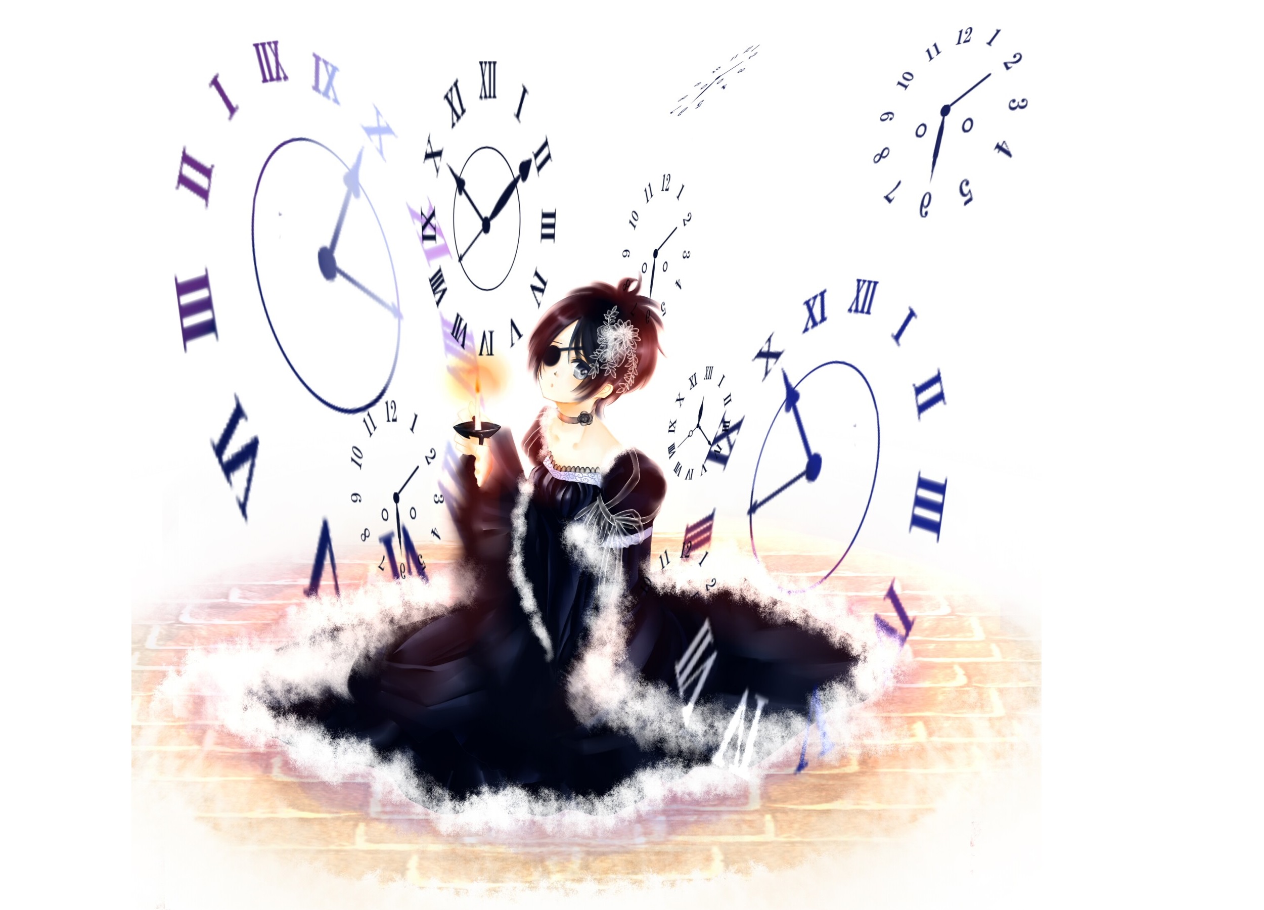 Girl with candle surrounded by clocks HD Wallpaper