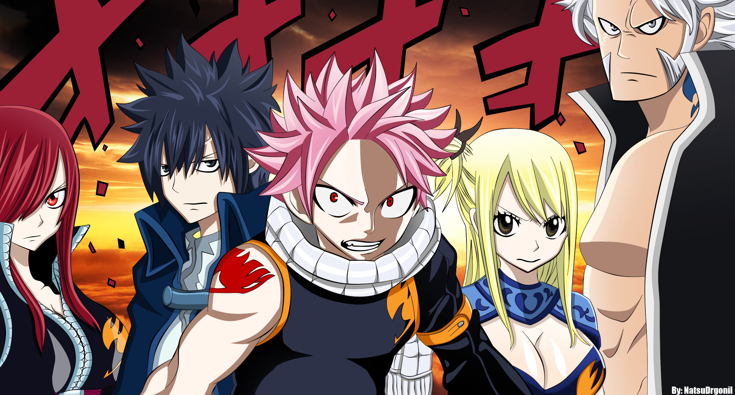 Fairy Tail characters: Erza, Gray, Natsu, Lucy, and Elfman HD Wallpaper