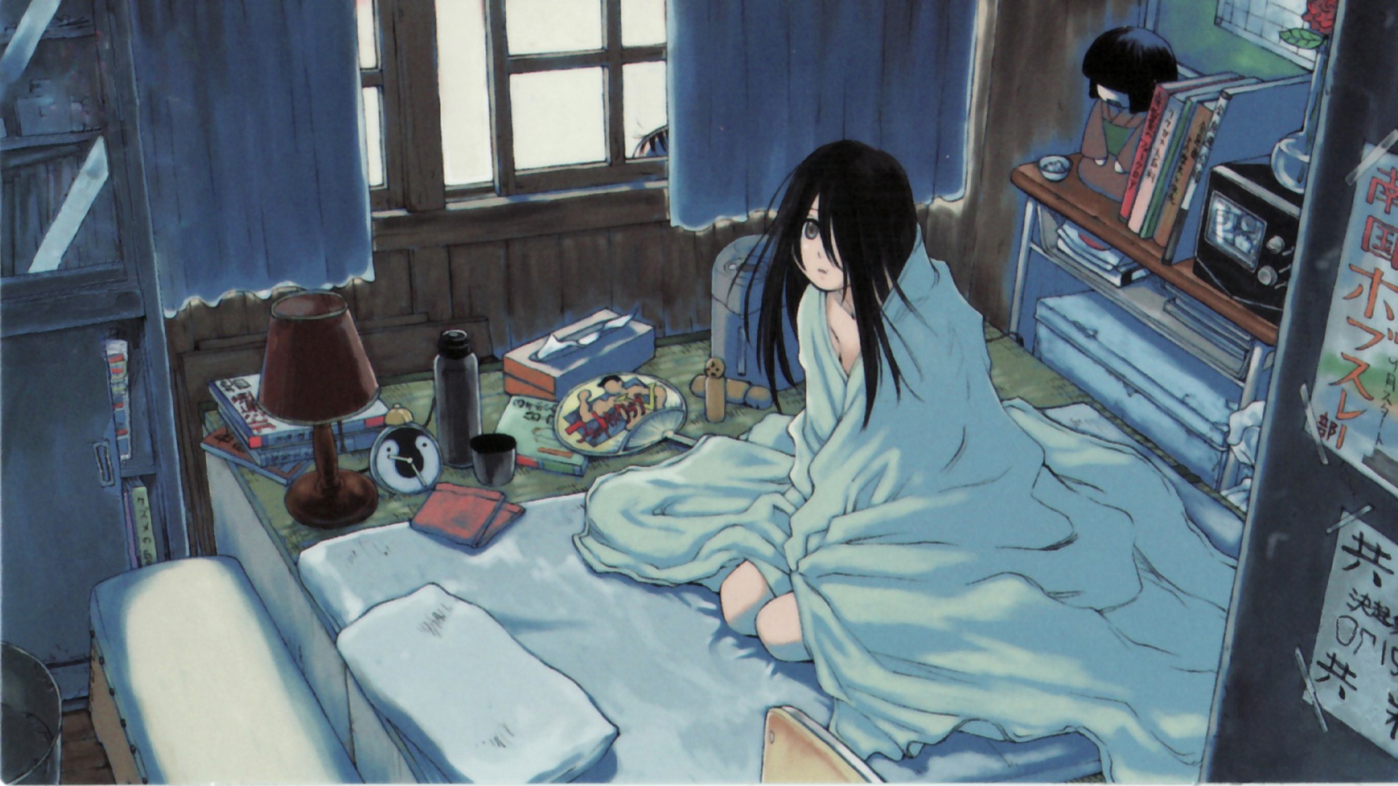 Kiri Komori wrapped in a blanket in a room HD Wallpaper