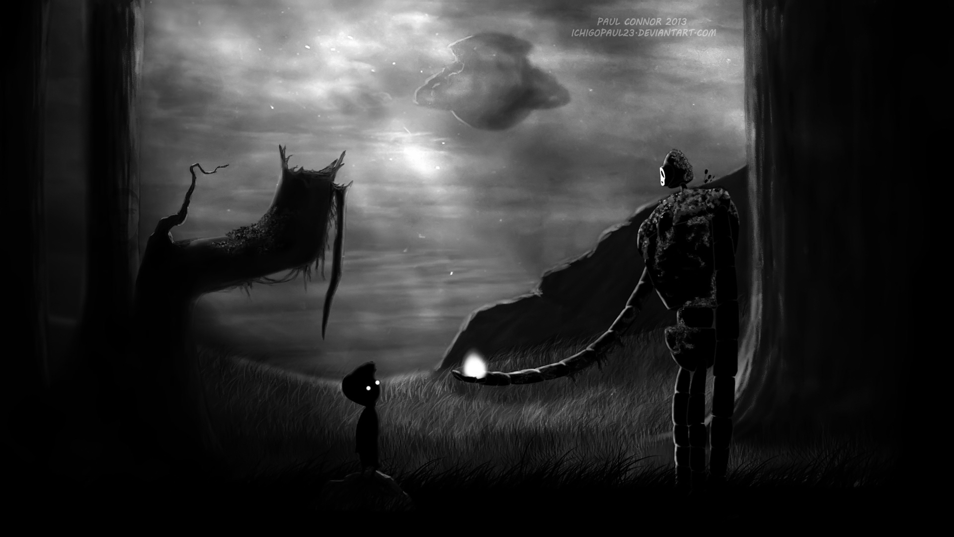 Robot and boy in a dark landscape HD Wallpaper