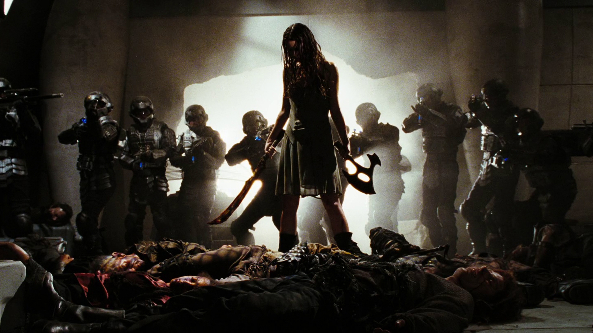 River Tam from Firefly with soldiers and dead bodies HD Wallpaper
