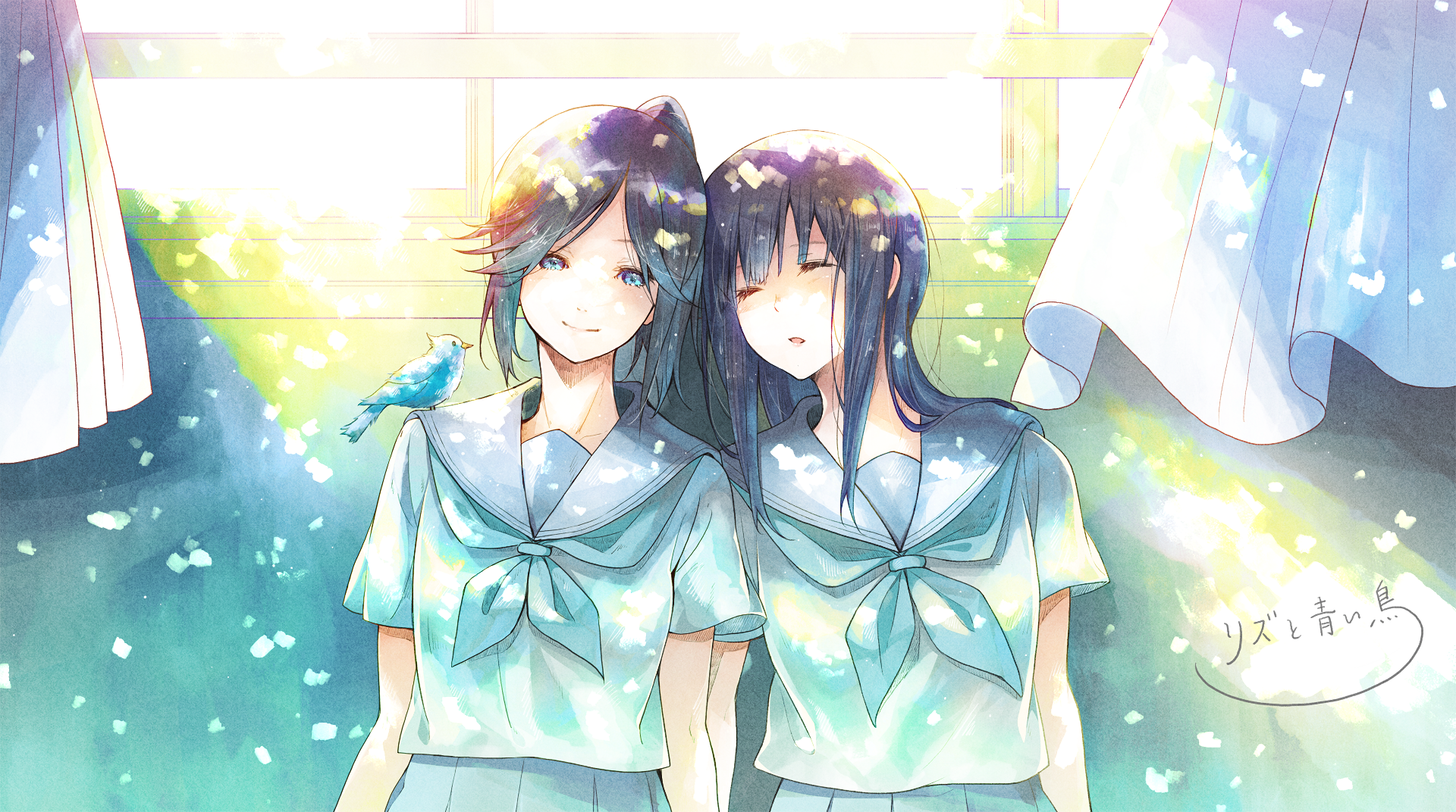 Two girls in school uniforms with a blue bird HD Wallpaper