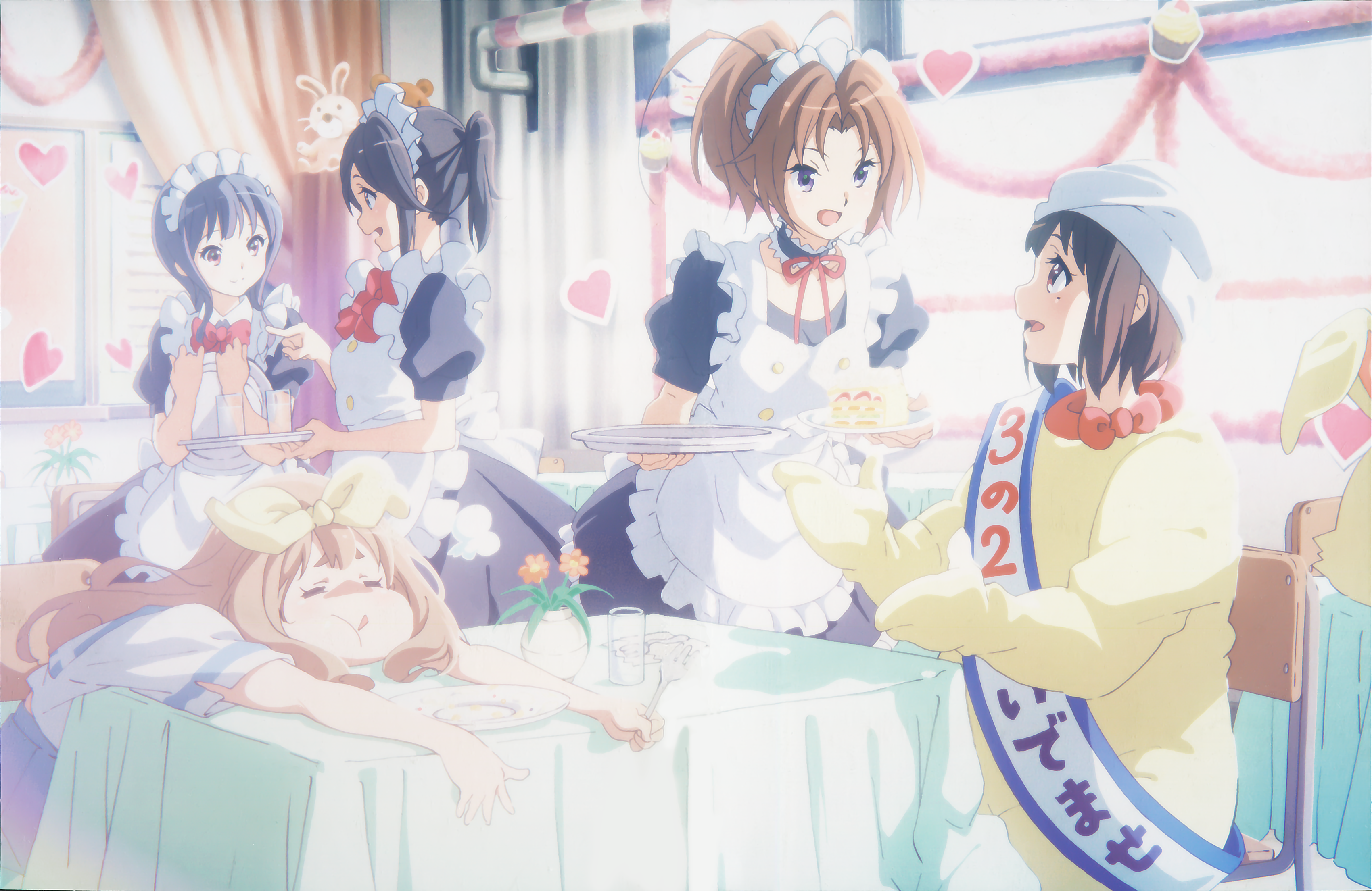 Girls in maid outfits and a chicken costume at a party HD Wallpaper