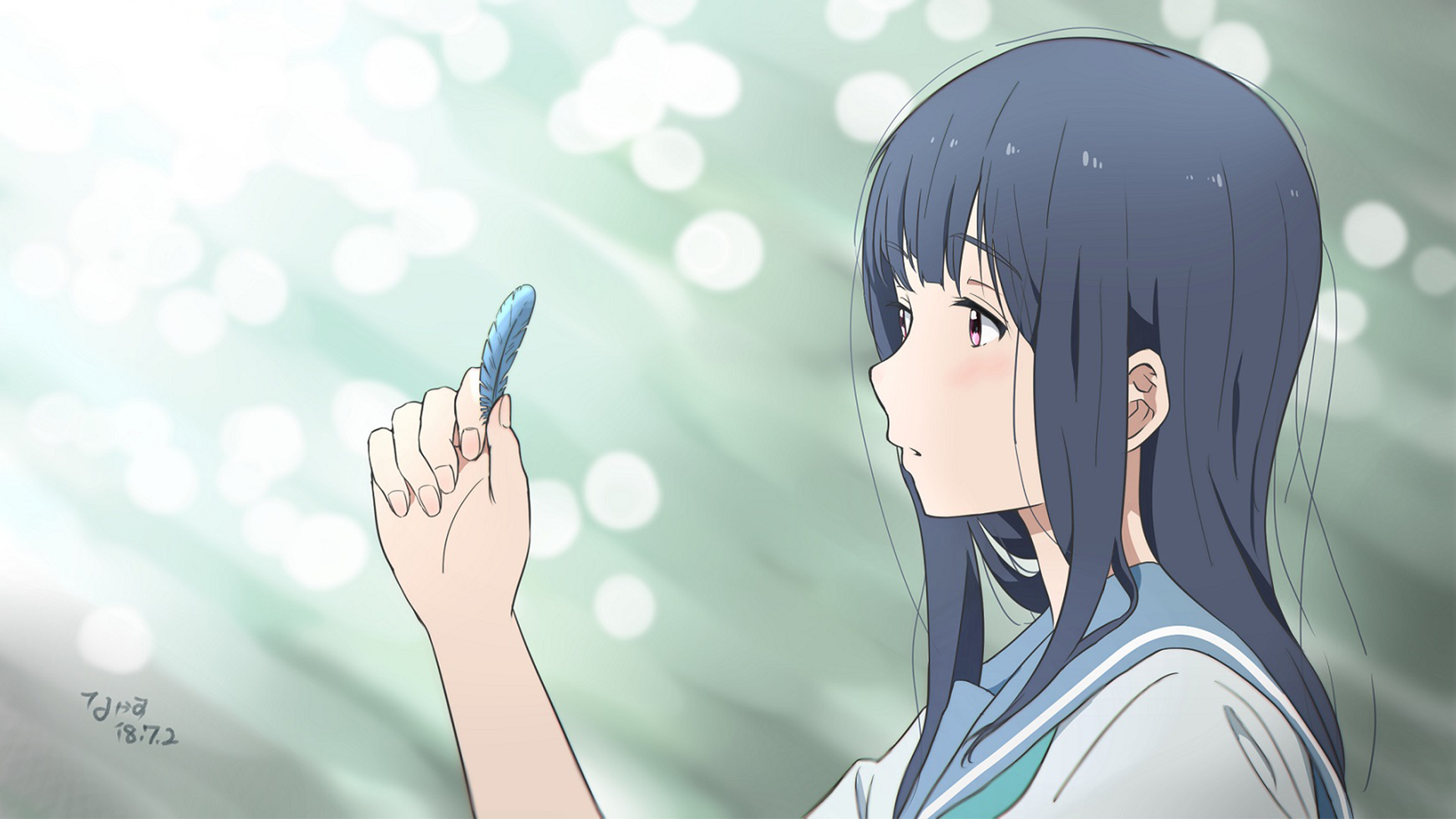 Mizore Yoroizuka holding a blue feather HD Wallpaper