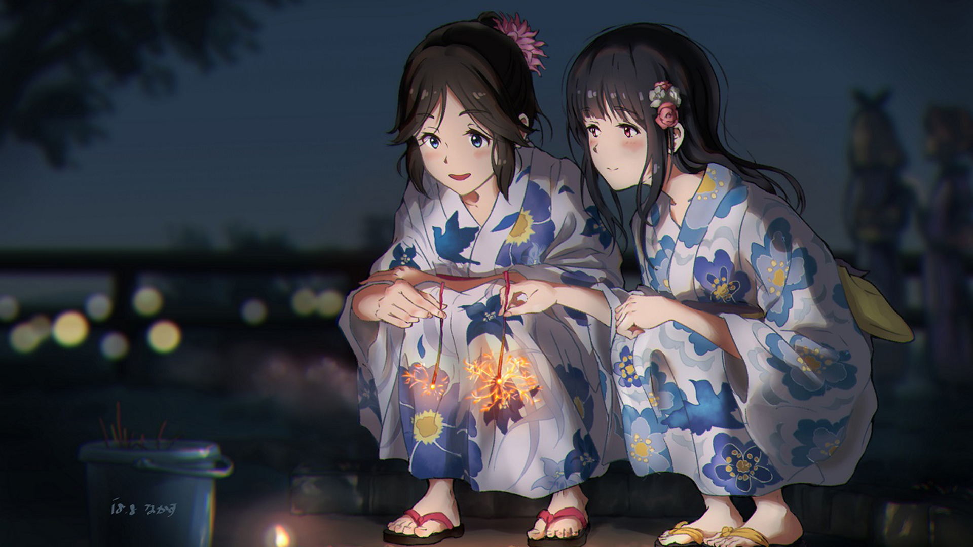 Two girls in yukatas with sparklers HD Wallpaper