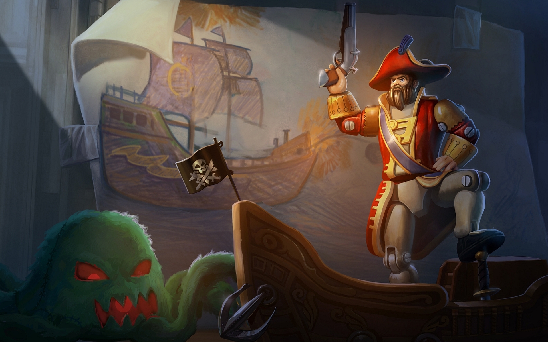 Gangplank from League of Legends with a kraken and pirate ship HD Wallpaper