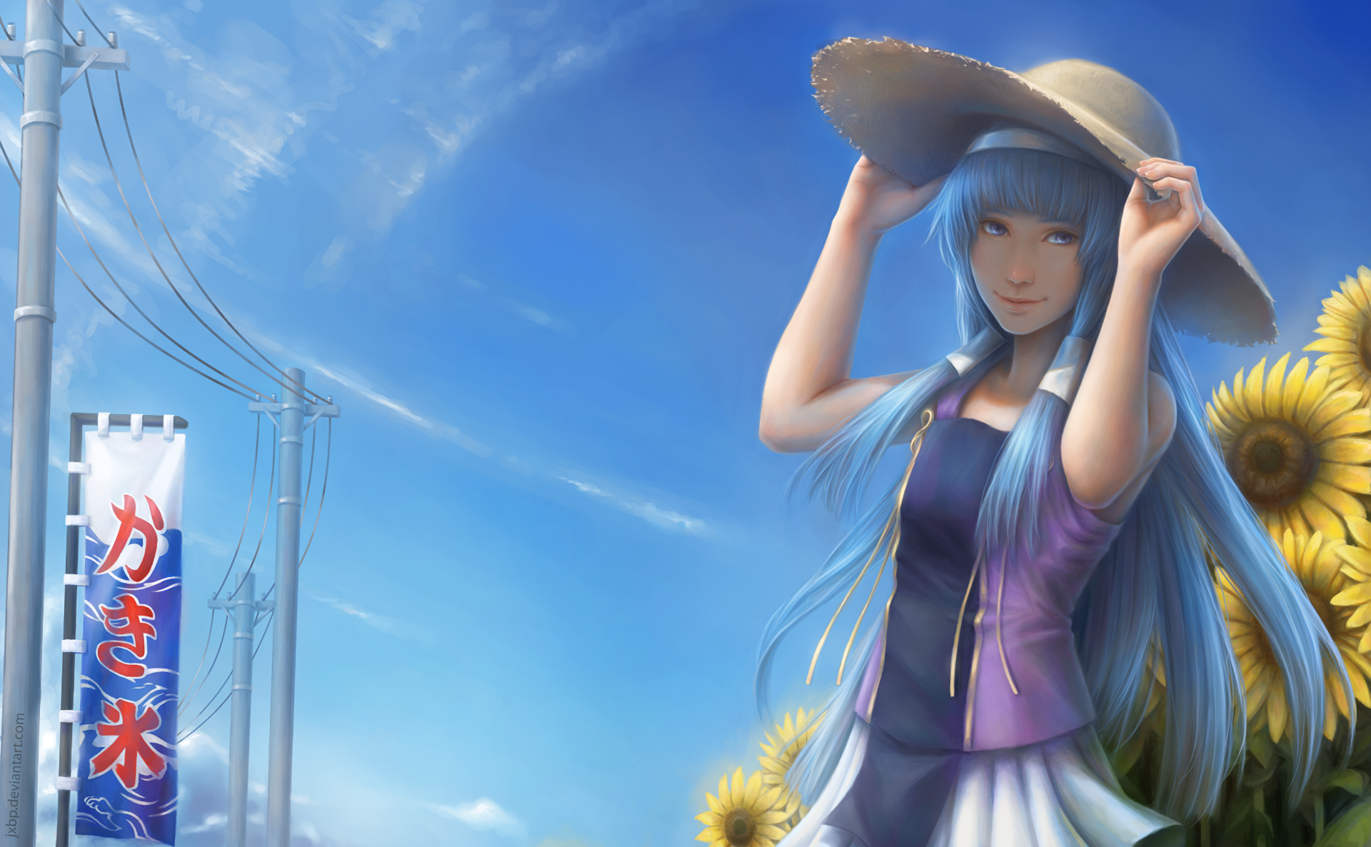 Nagi from Kannagi wearing a straw hat with sunflowers HD Wallpaper