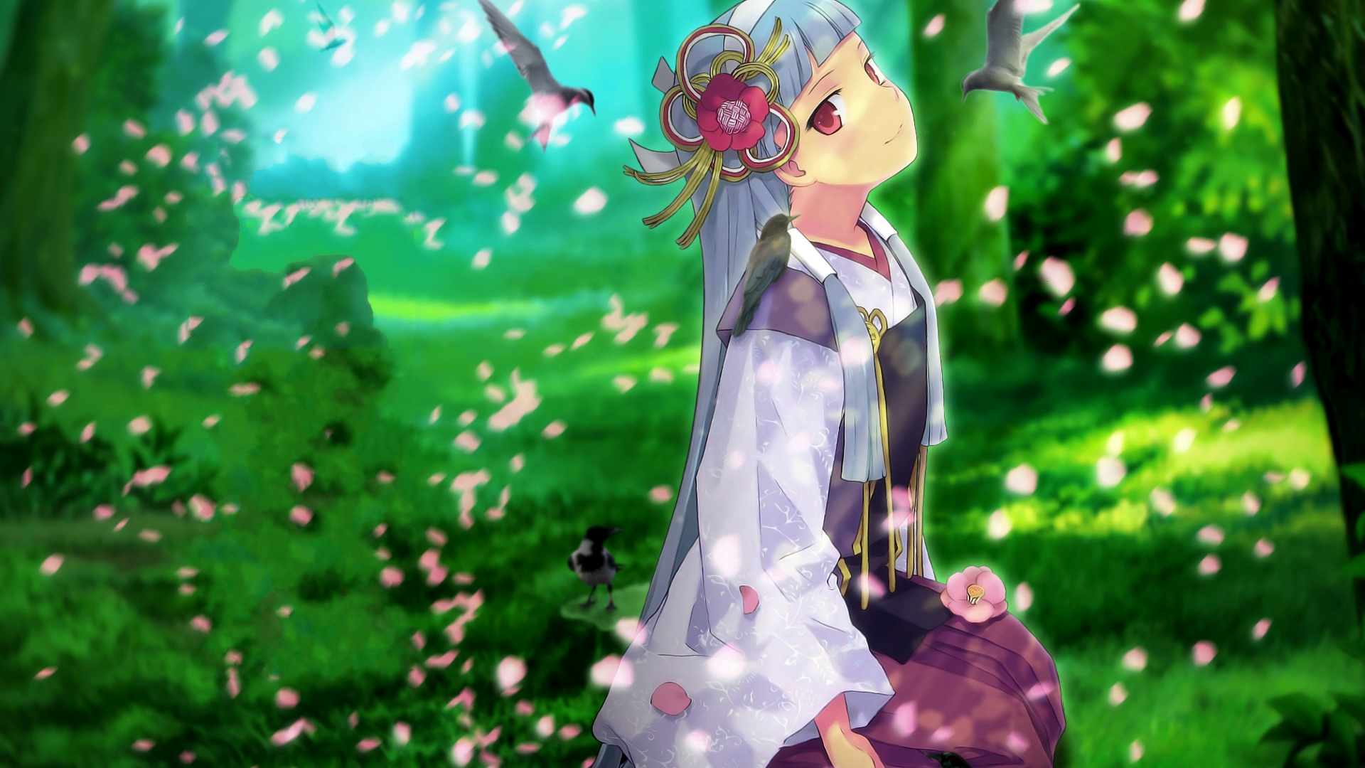 Nagi from Kannagi in a forest with falling petals HD Wallpaper